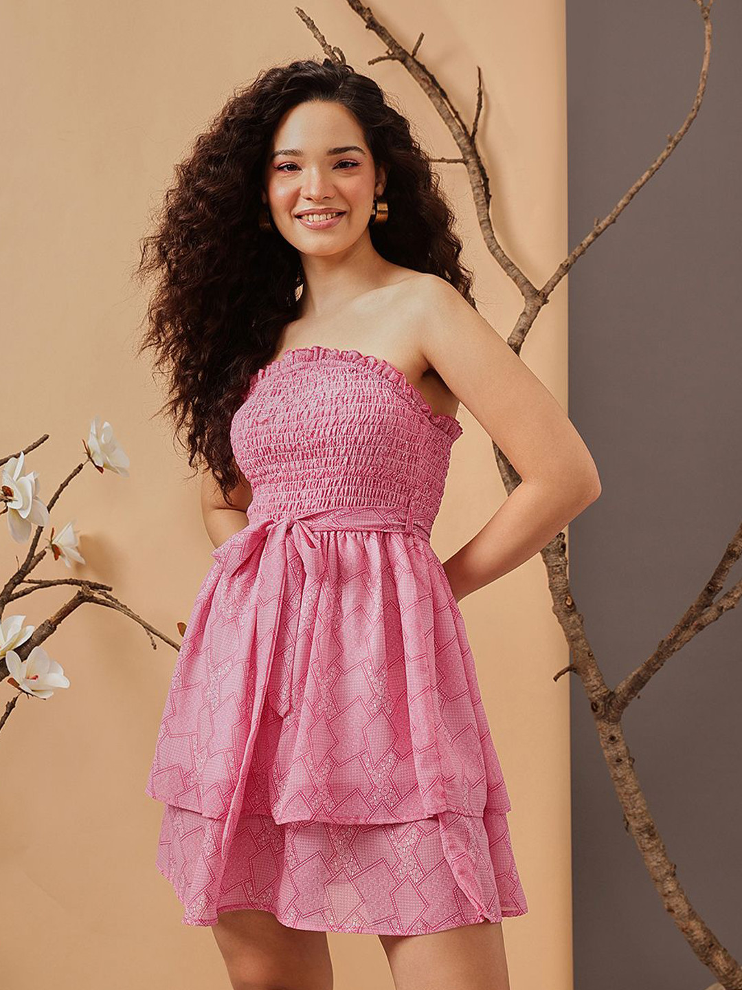 STREET 9 Geometric Printed Strapless Georgette A-Line Dress