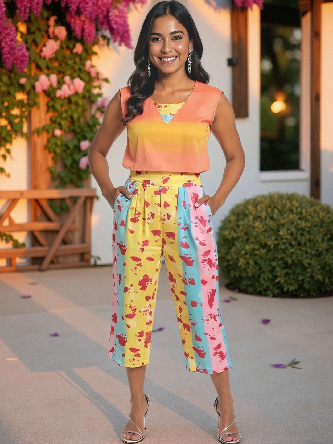 KYVO Candy Colourblocked Crop Top & Printed Capris Co-Ords