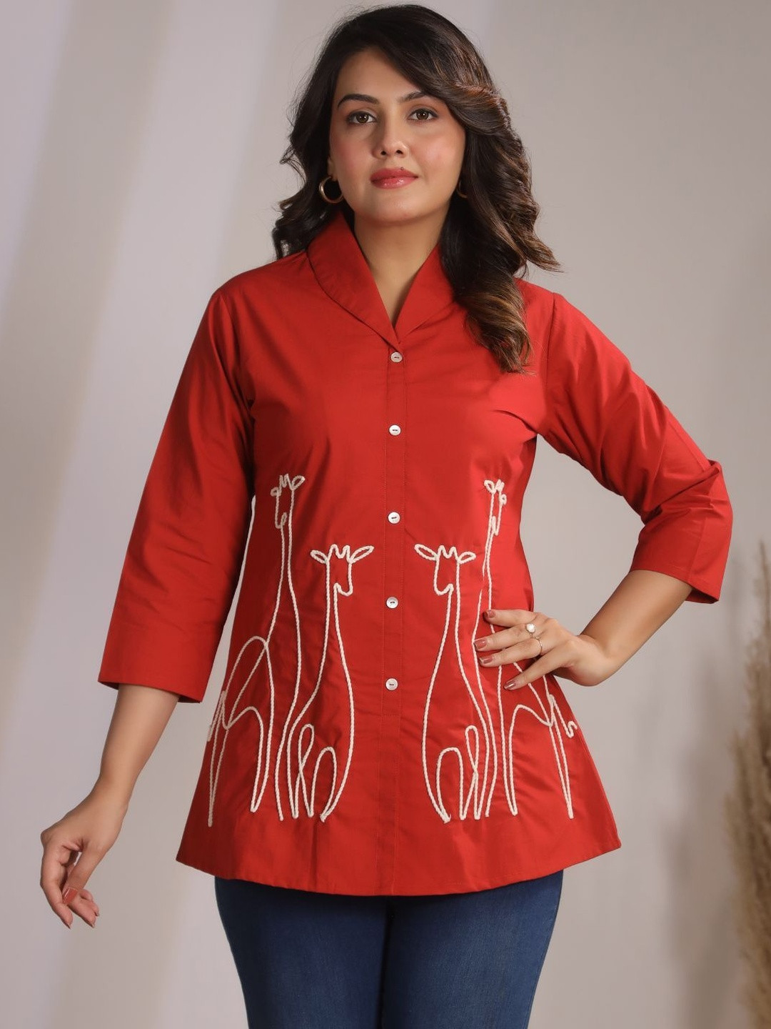KALINI Women Cotton Animal Motif Button Front Tunic