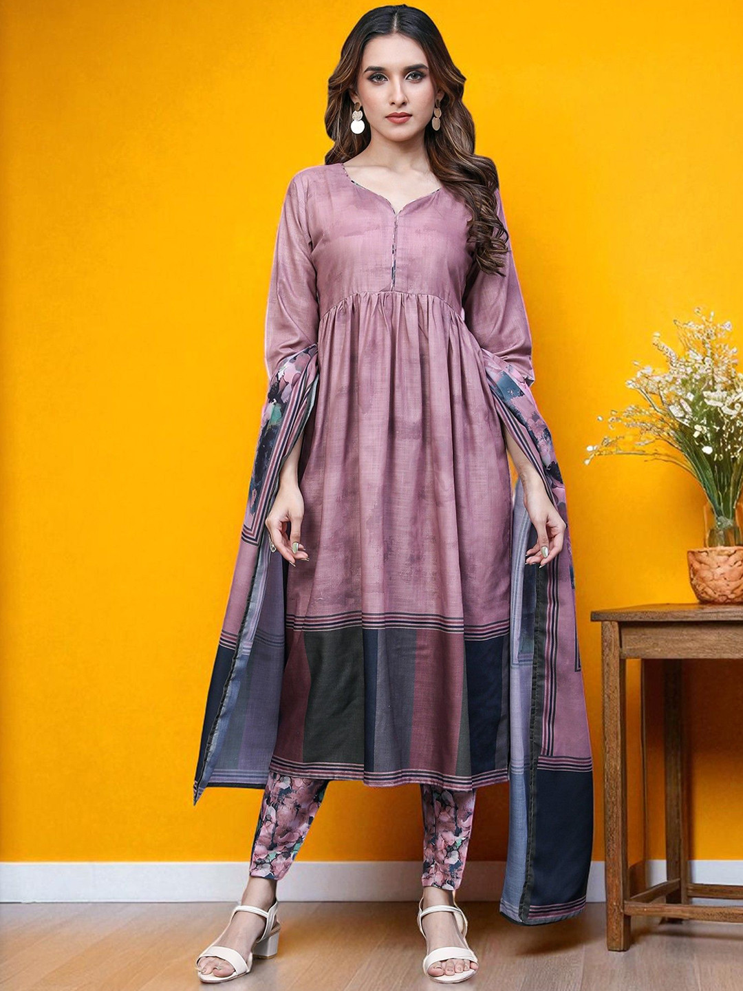 MORDEN MUSE Women Striped V-Neck Anarkali Kurta with Trousers & Dupatta