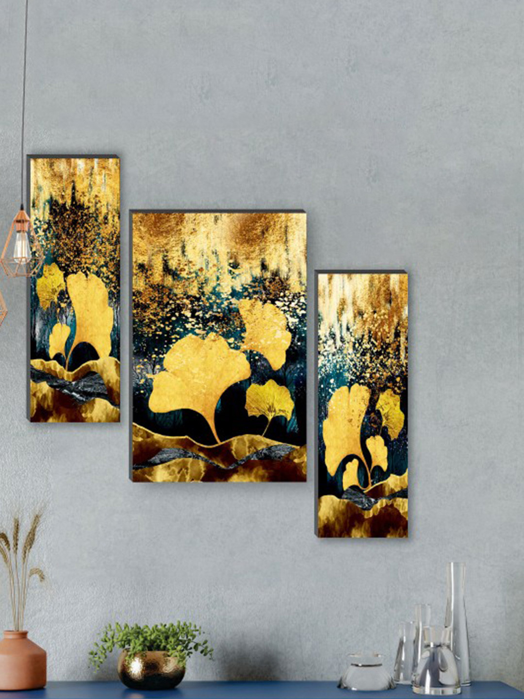 SAF Black & Yellow 3 Pcs Pretty Flower Pot UV Textured Self Adeshive Framed Wall Painting