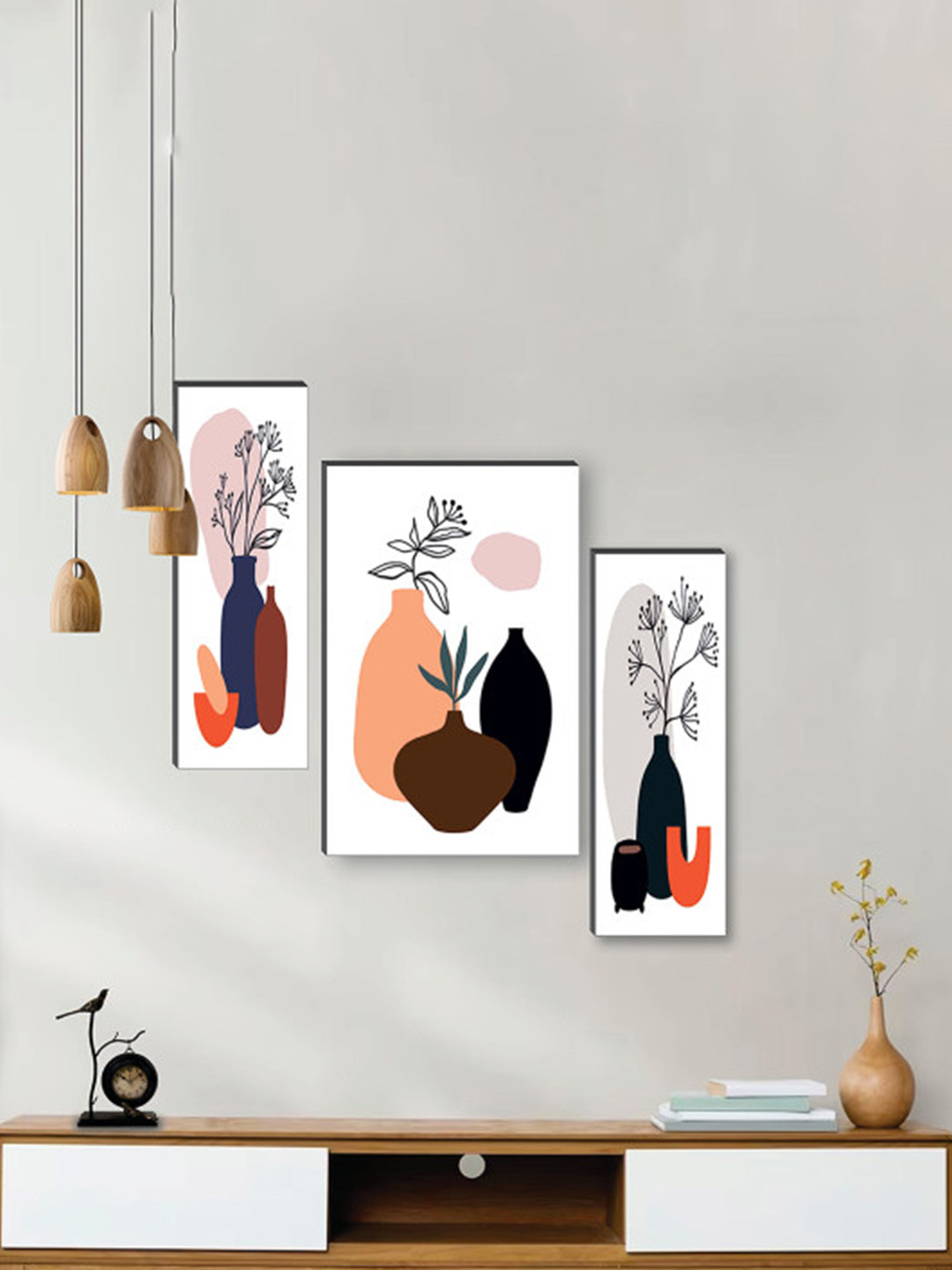 SAF White 3 Pcs Pretty Flowerpot UV Textured Self Adhesive Framed Paintings Wall Art