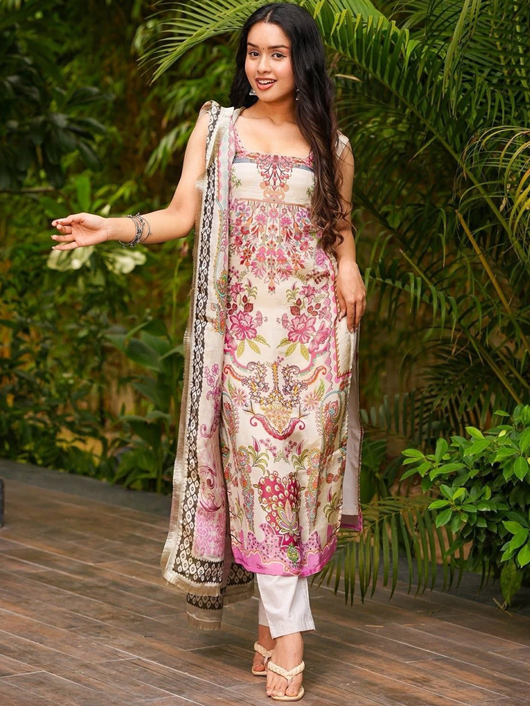 J.KANJI Women Floral Printed Regular Silk Crepe Kurta with Trousers & Dupatta