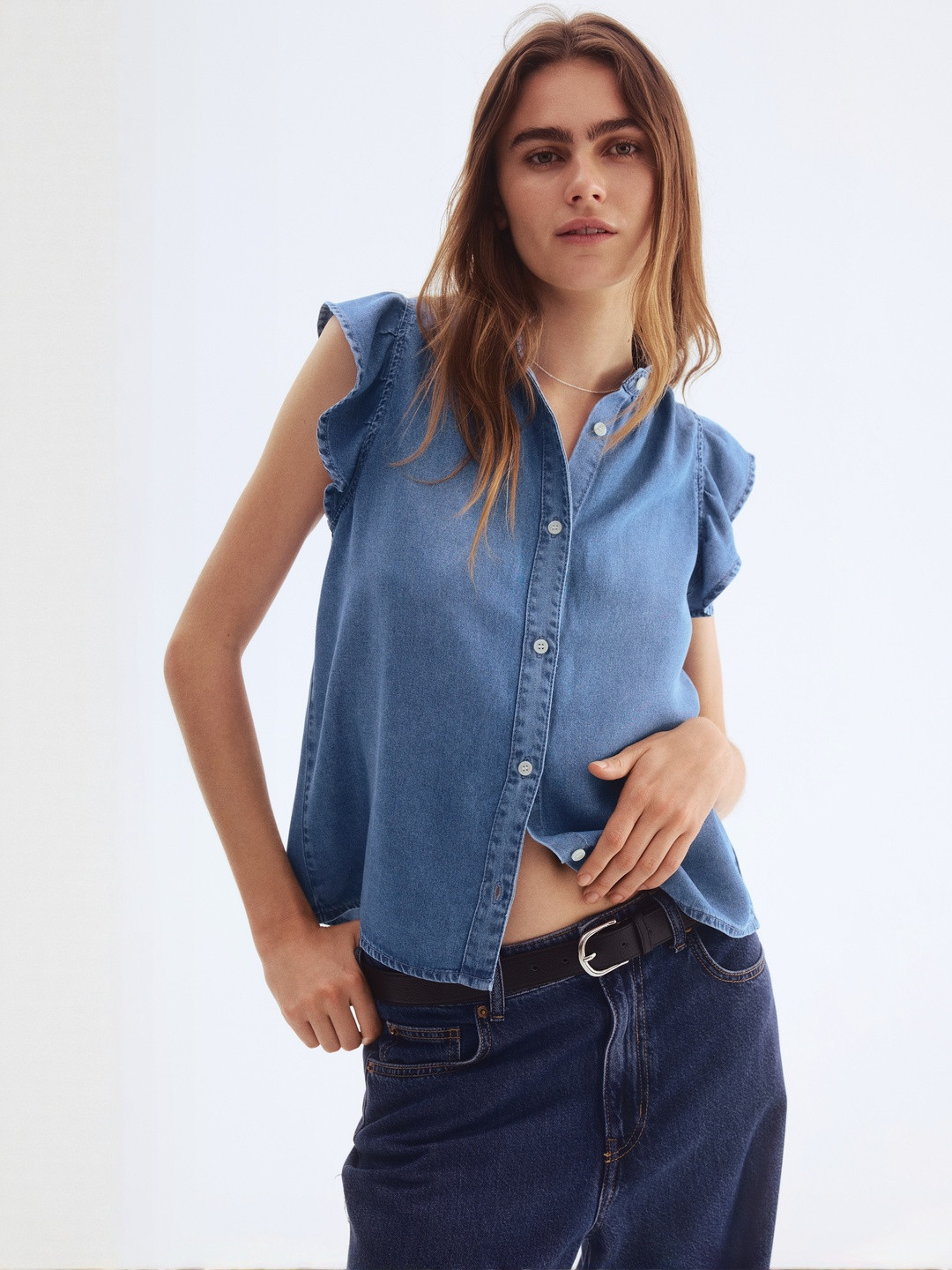 H&M Frill-Trimmed Denim Blouse