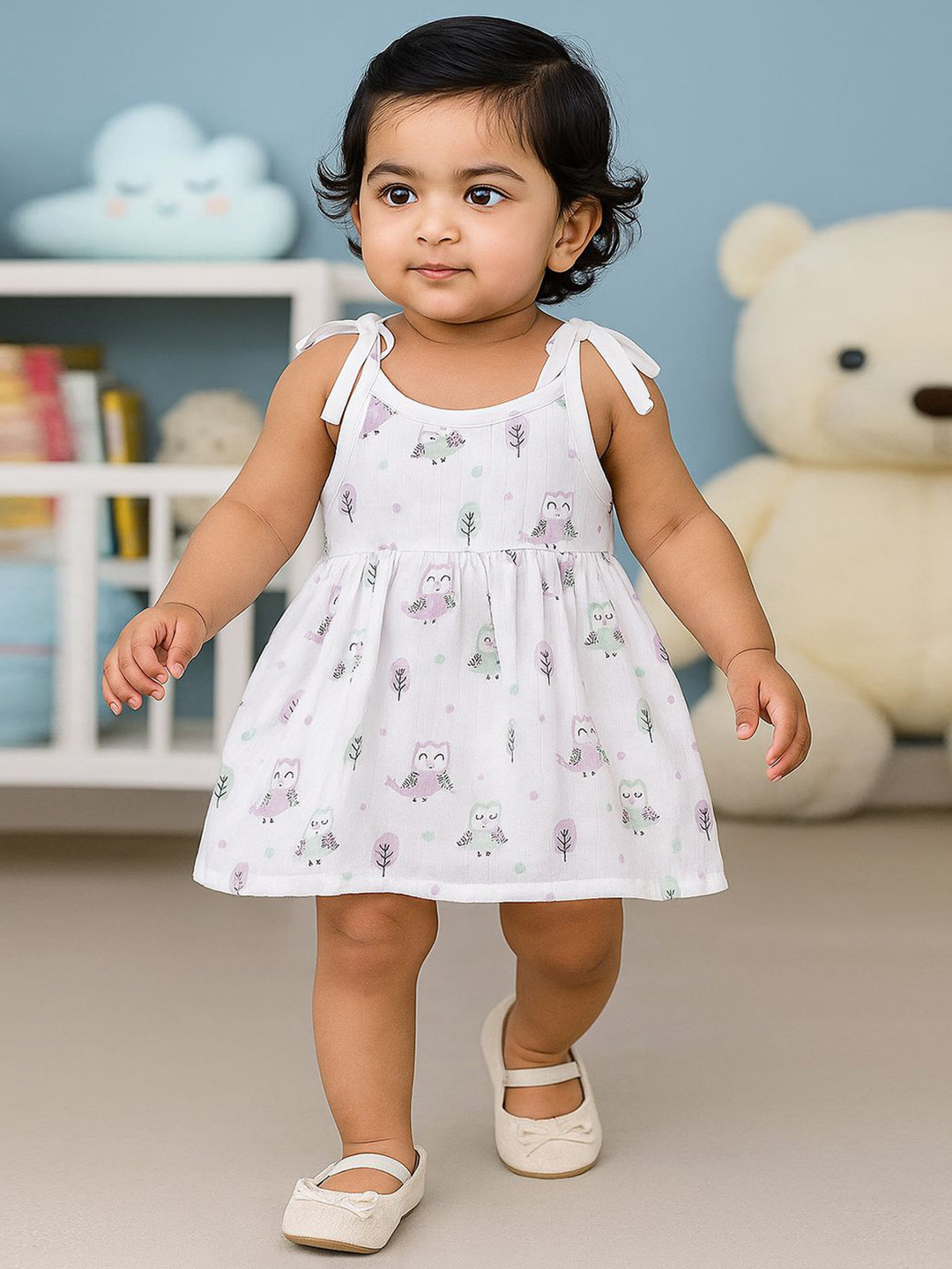 Nuego  Girls Birds Print Pure Organic Cotton Muslin Knot Frock