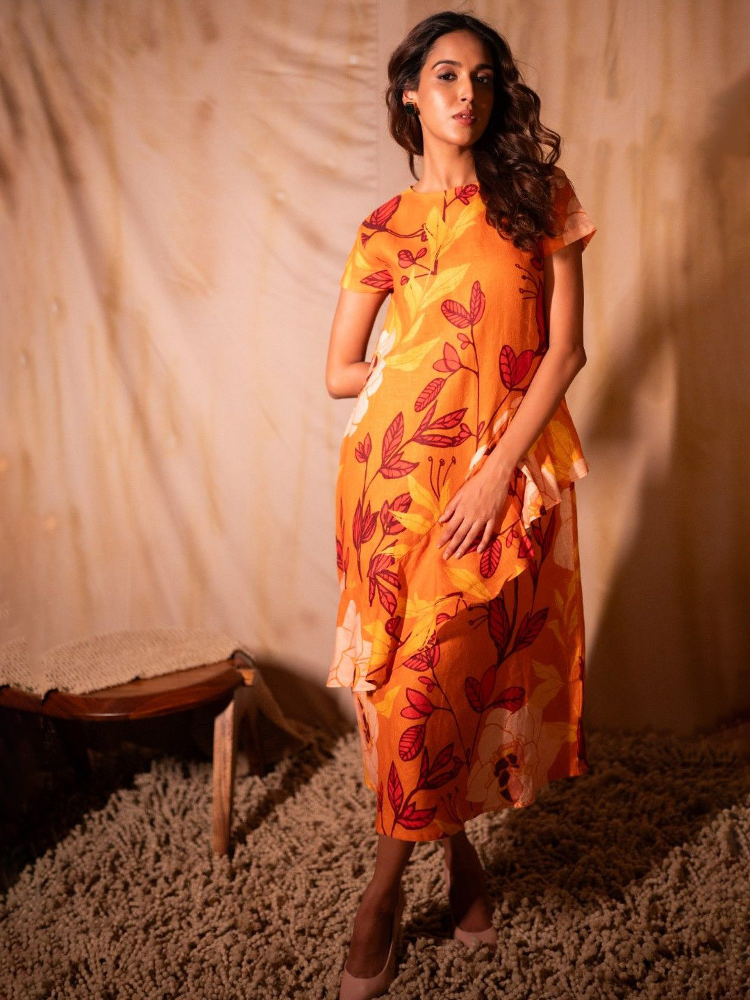 dhaaga Women Floral Print Ruffled Linen A-Line Midi Athena Dress