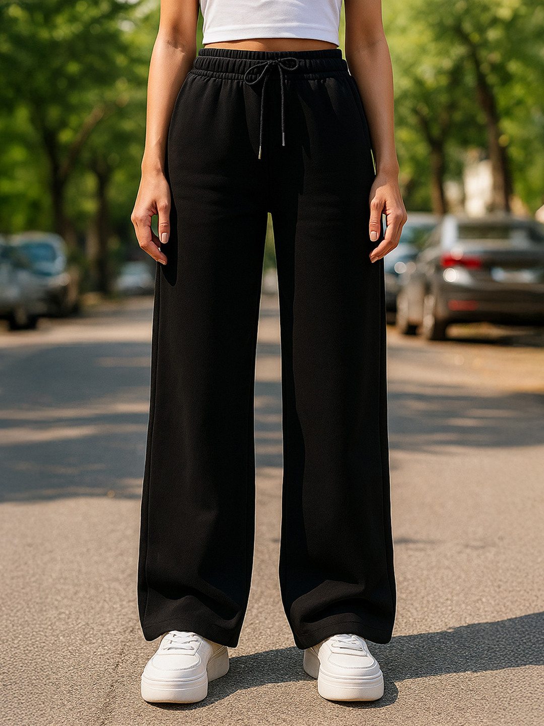 JUNEBERRY Women Black Solid Wide Leg Mid Rise Flared Fit Pure Cotton Track Pant