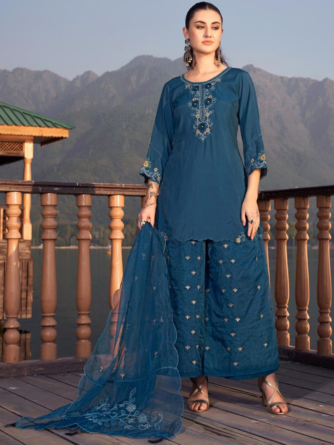 AUTUMN LANE Nisha Casal Floral Embroidered Thread Work Kurti With Palazzos & Dupatta