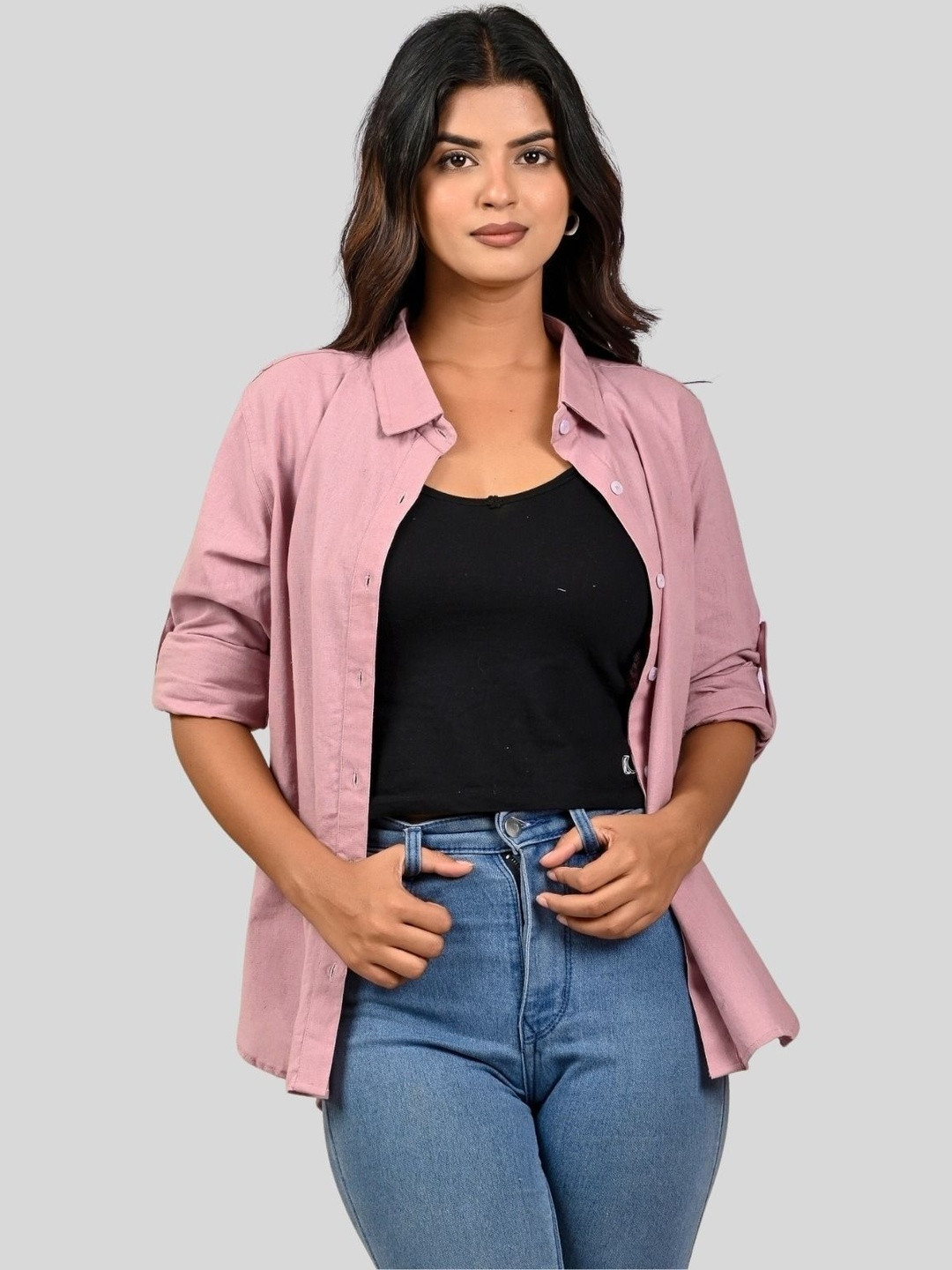 QUACLO Women Solid Pink Airy Linen Cotton Shirt