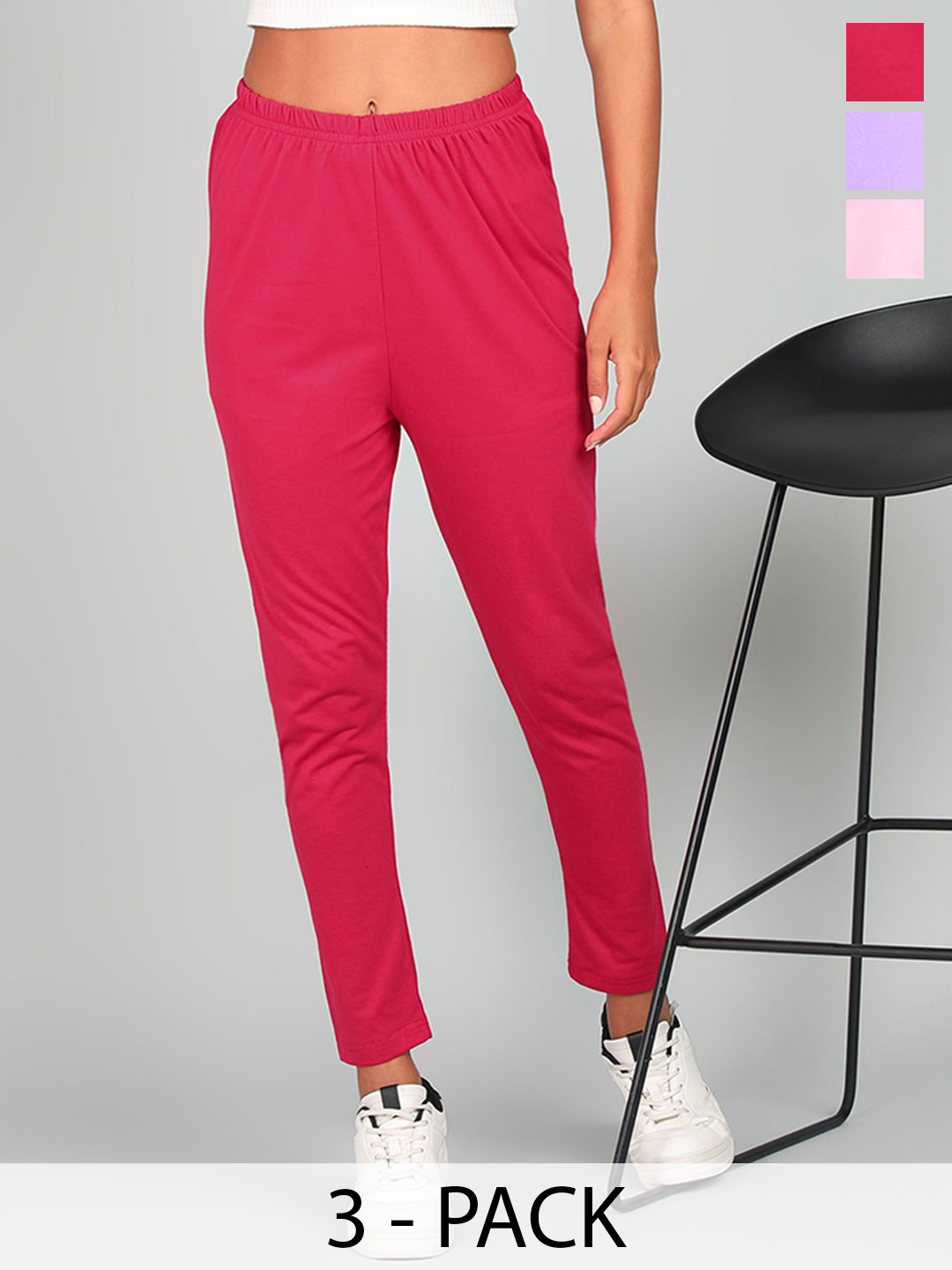 PAAVKI Women Pack of 3 Pure Cotton Slim Fit 2 Way Stretchable Ankle Length Leggings