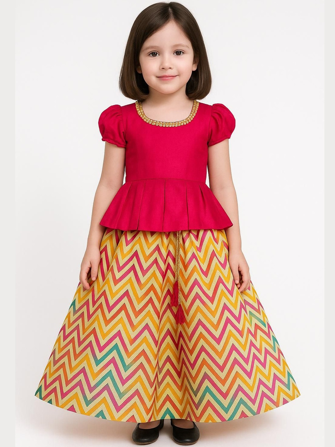 My Lil Princess Girls Red A-Line Cotton Puff Sleeves Pattu Pavaadai Dress