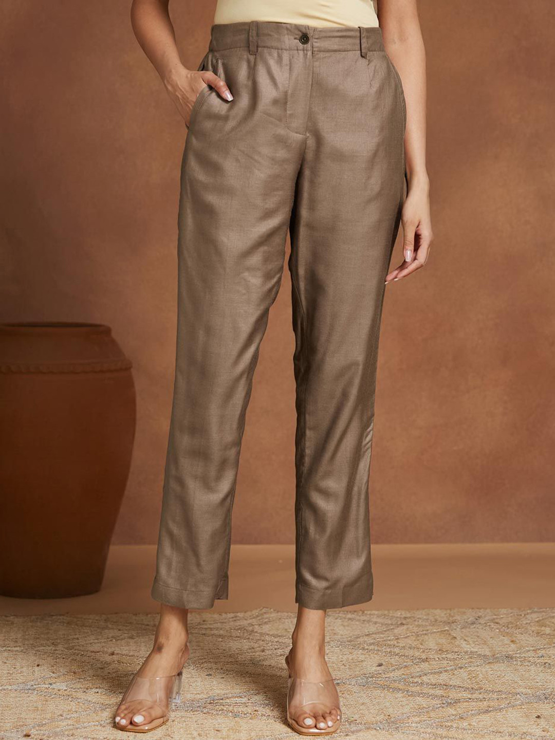 Fabindia Women Slim Fit High-Rise Trousers