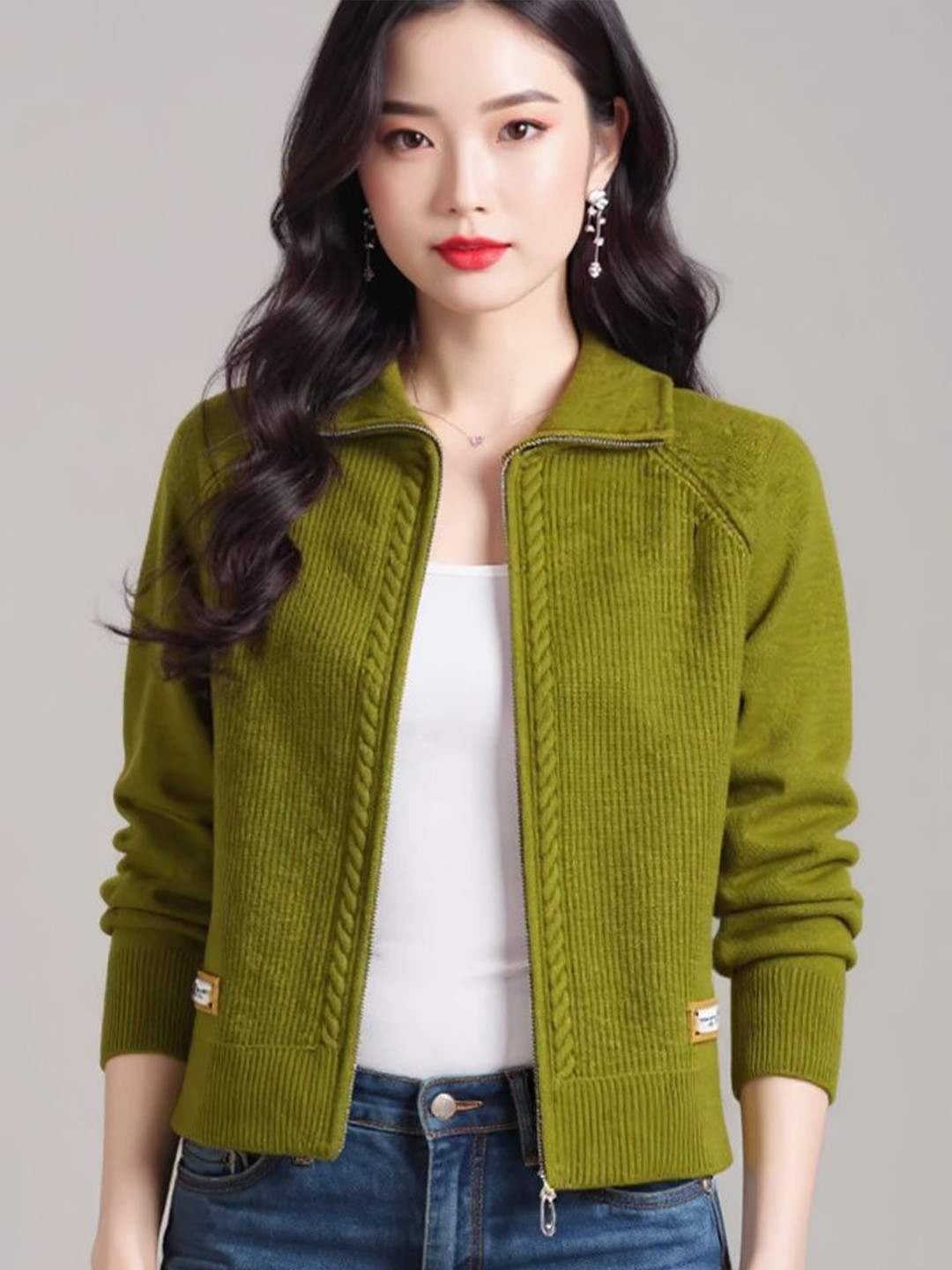 bebe Women Striped Shirt Collar Long Sleeves Front-Open Sweaters