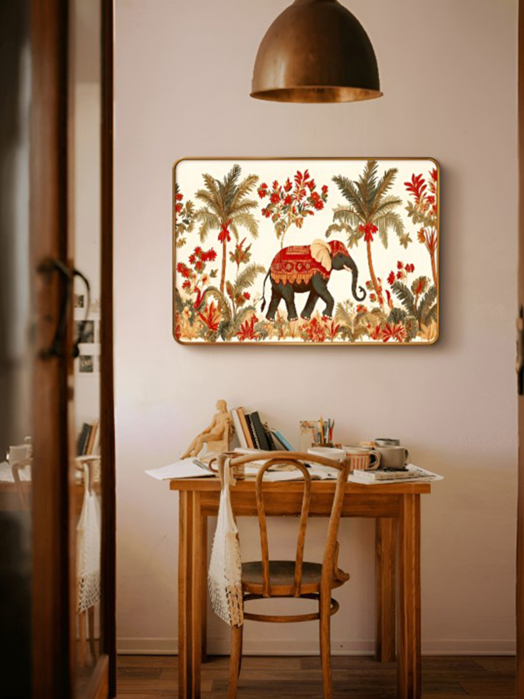 SAF White & Green Elephant Sparkle Lamination Finished Wood Wall Painting