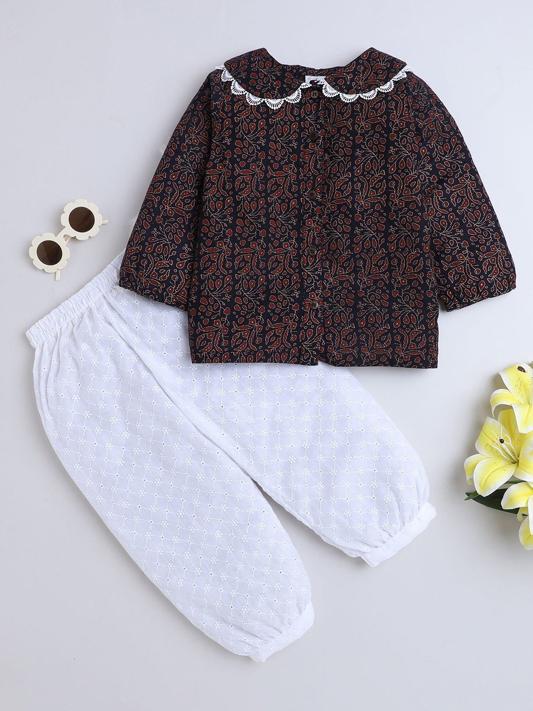 BAATCHEET Girls Printed Peter Pan Collar Pure Cotton Top With Trouser