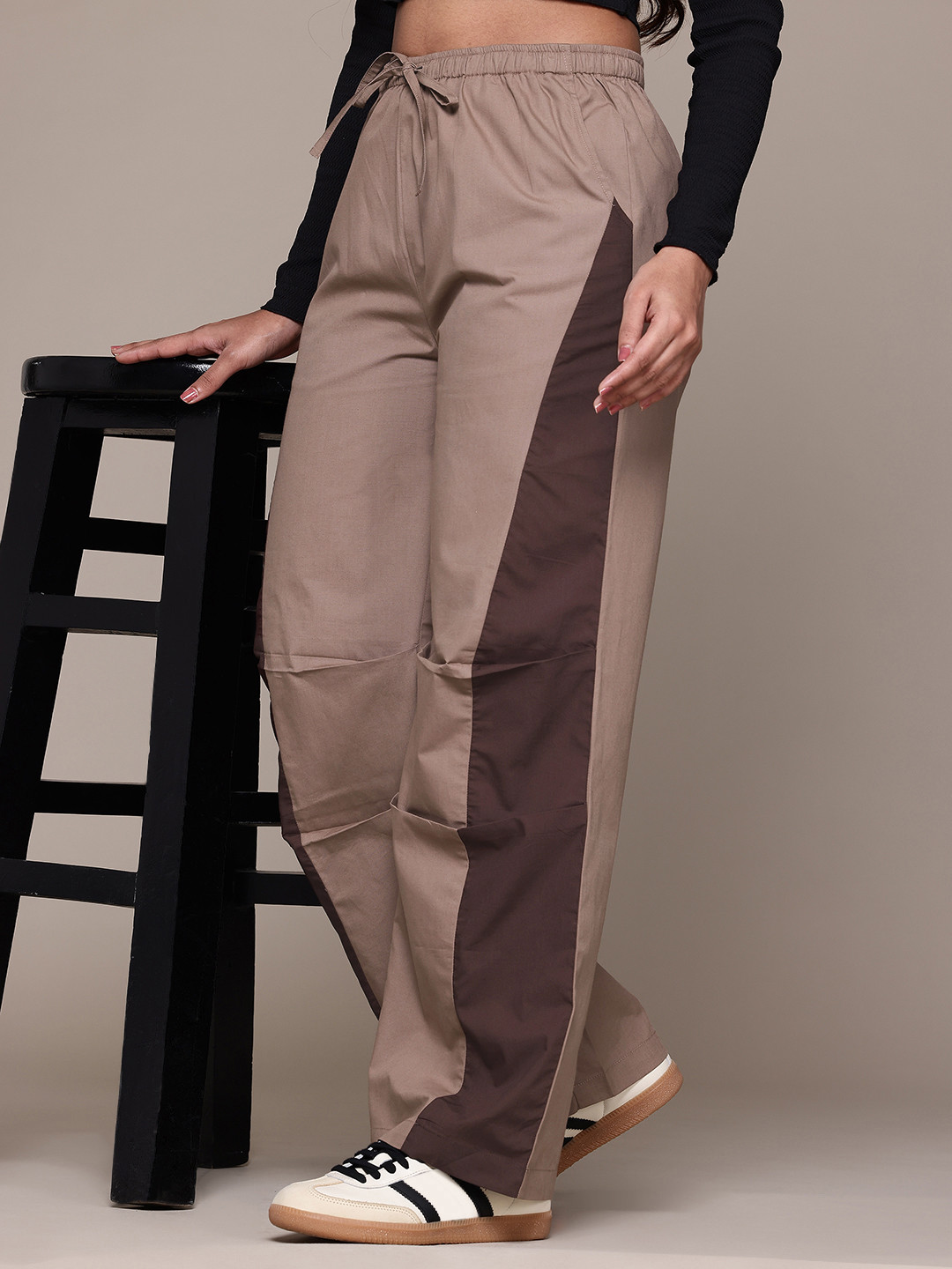 Popnetic Women Colourblocked High-Rise Pure Cotton Wide Leg Fit Parachute Trousers