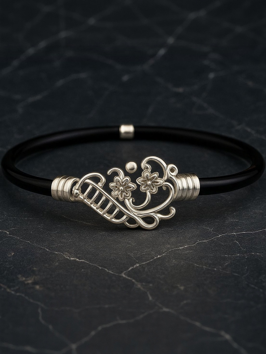 PARASMONI Women 1 Piece Black & Silver-Toned Charm Silver Noya Bangle