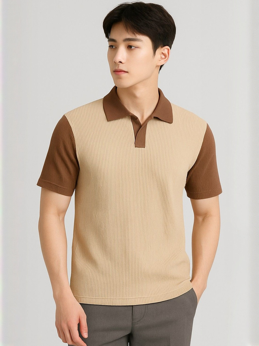 Moda Rapido Men Beige & Brown Ribbed Polo Collar T-shirt
