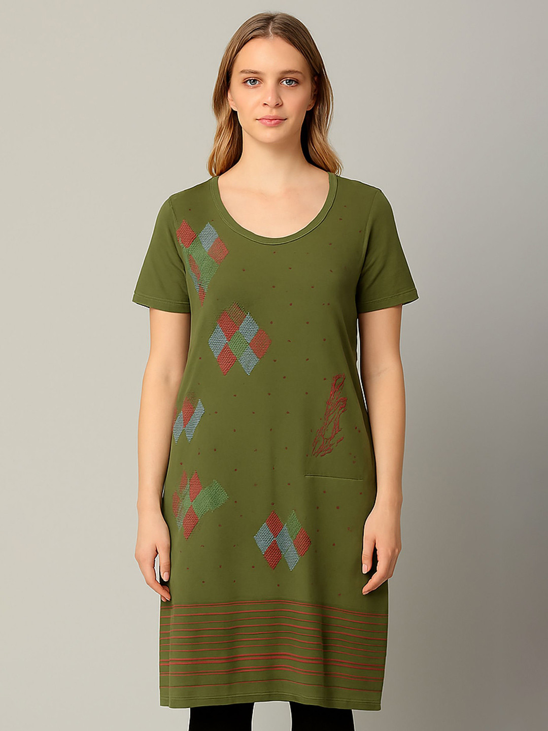 SANDPIPER Women Printed Round Neck Cotton Longline Top