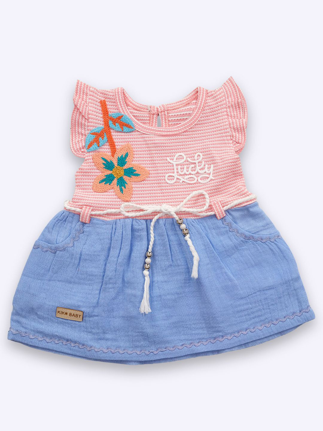 YK x Nice Kidz Girls Self Design Floral Flared Sleeve A-Line Dress