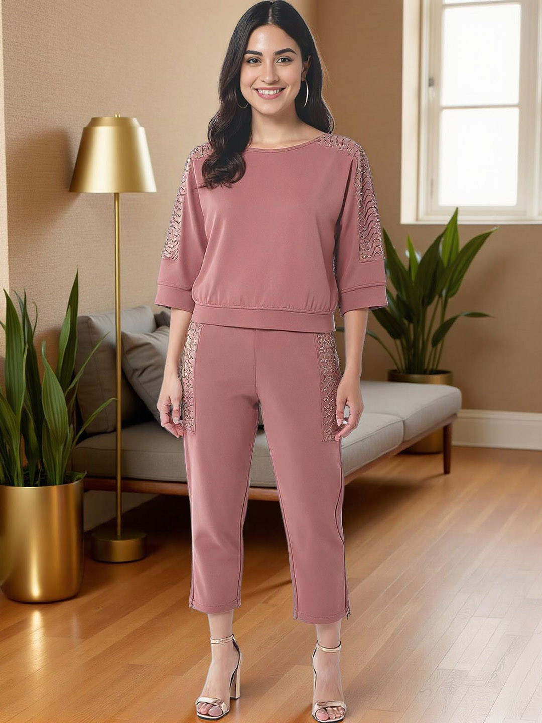 KYVO Rose-Pink Shimmered Top and Embellished Trousers
