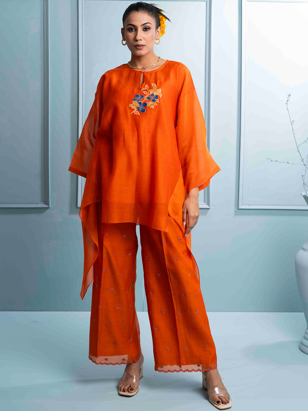 The White Tree Studio Embroidered Keyhole Neck Chanderi Cotton Tunic & Trousers