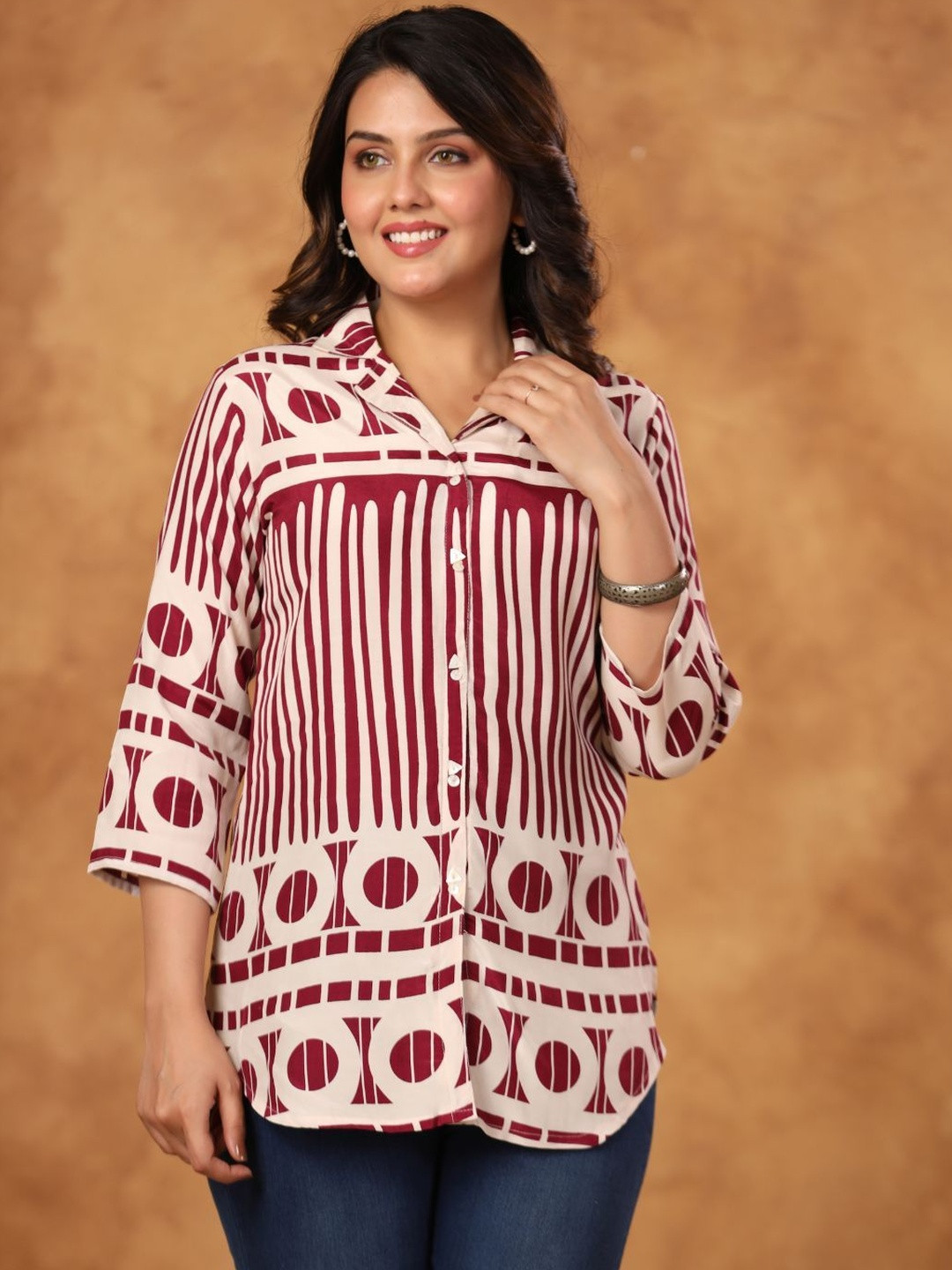 KALINI Women Maroon Silk Shirt Collar Printed Tunic Top