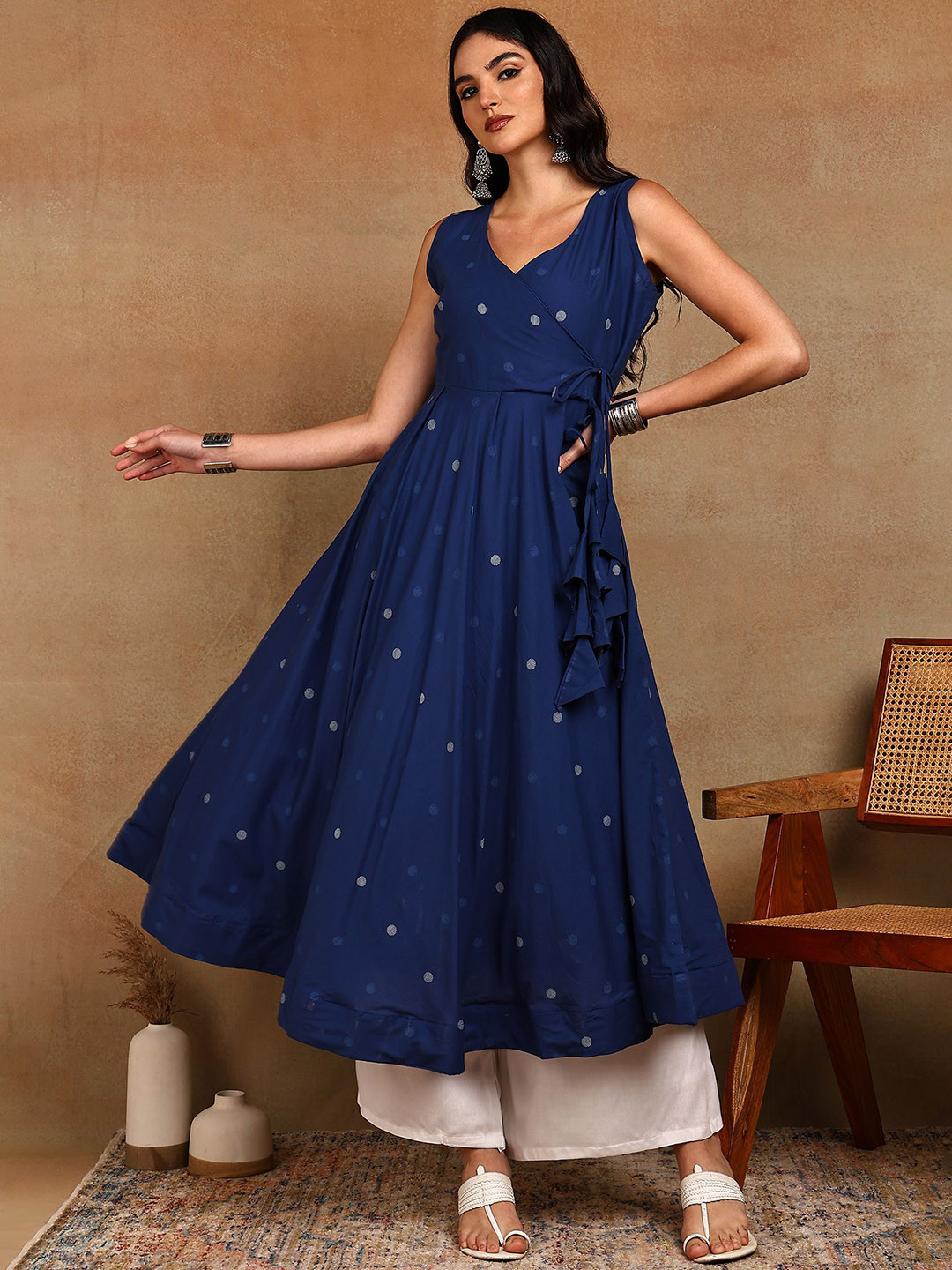 ADYASAA THE LABEL Polka Dots Printed Angrakha Pure Cotton Anarkali Kurta With Palazzos