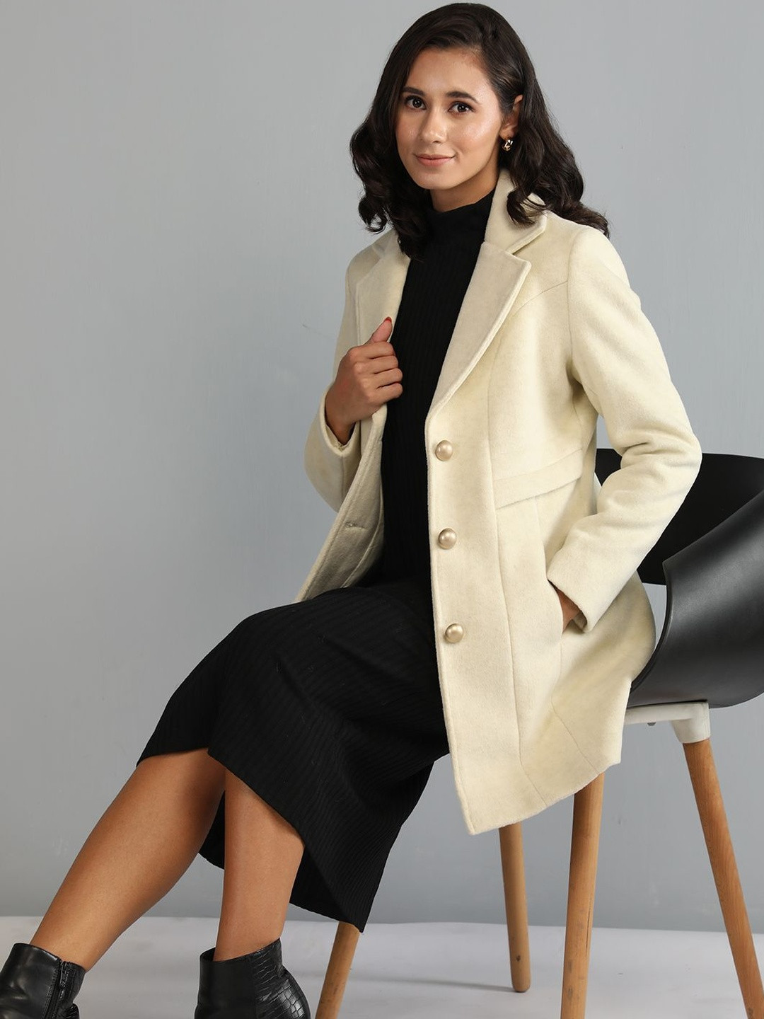 Roadster Women Cream Single Breasted Winter Coat