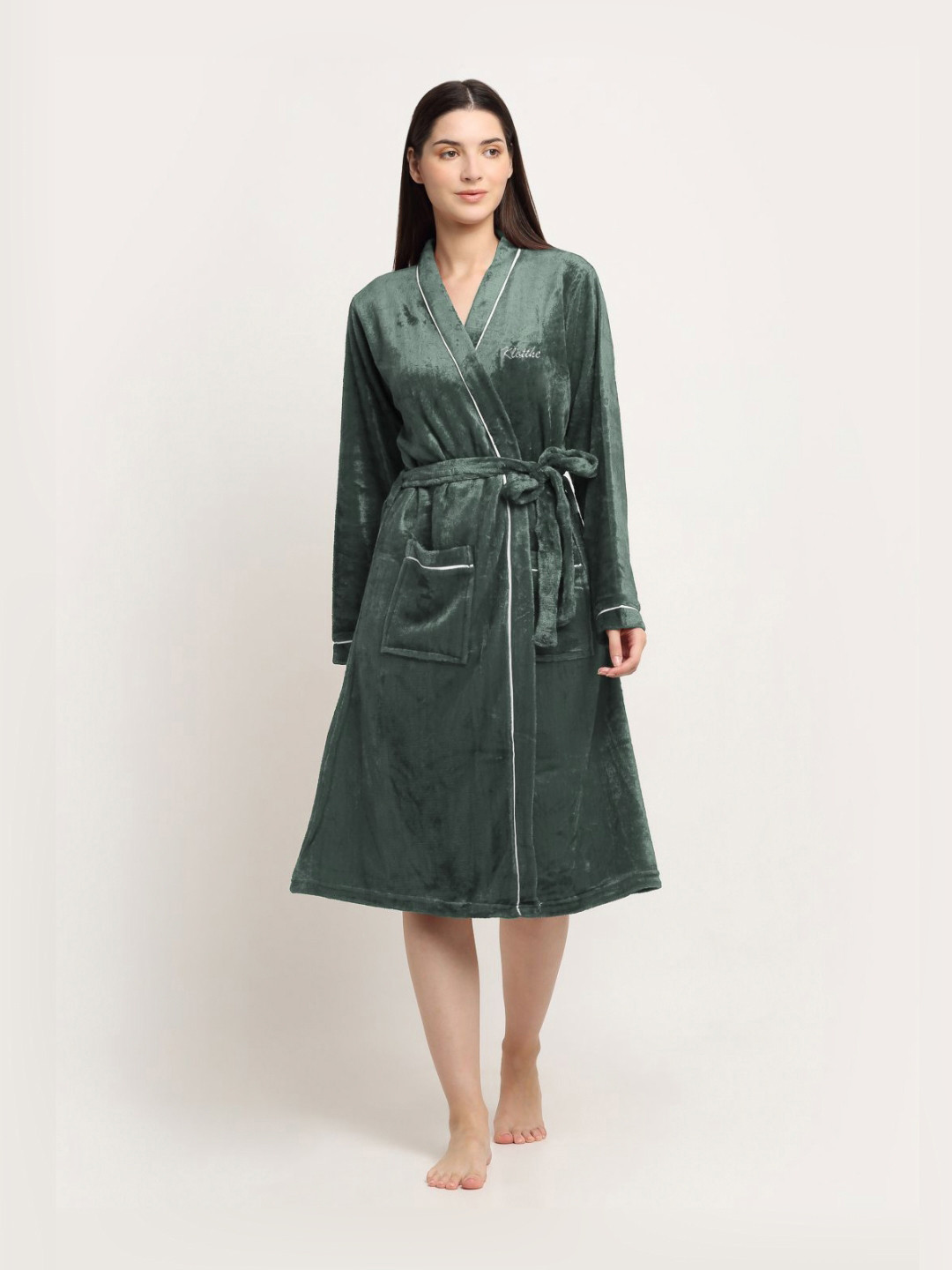 KLOTTHE Green Solid Wool Drawstring Midi Bath Robe-M