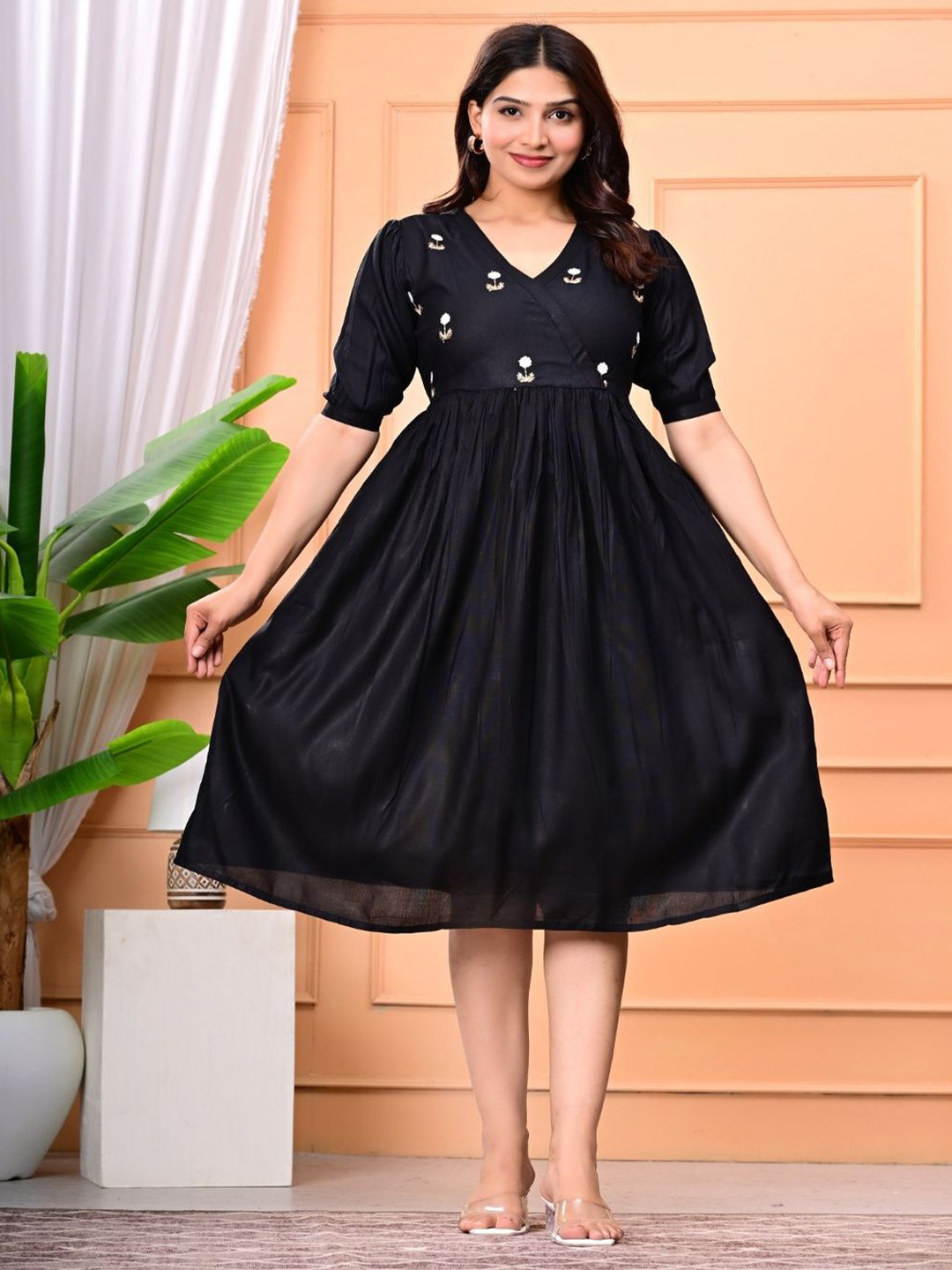 Colorful Collection Women Floral Embroidered Puff Sleeve Fit & Flare Dress