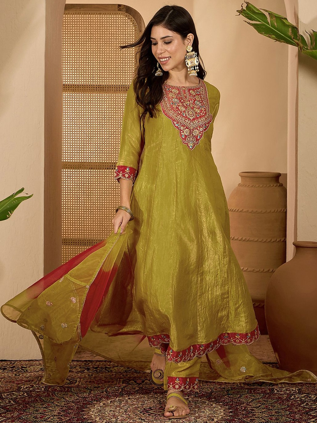 Sangria Ethnic Motifs Embroidered Panelled Thread Work Kurta with Trouser & Dupatta