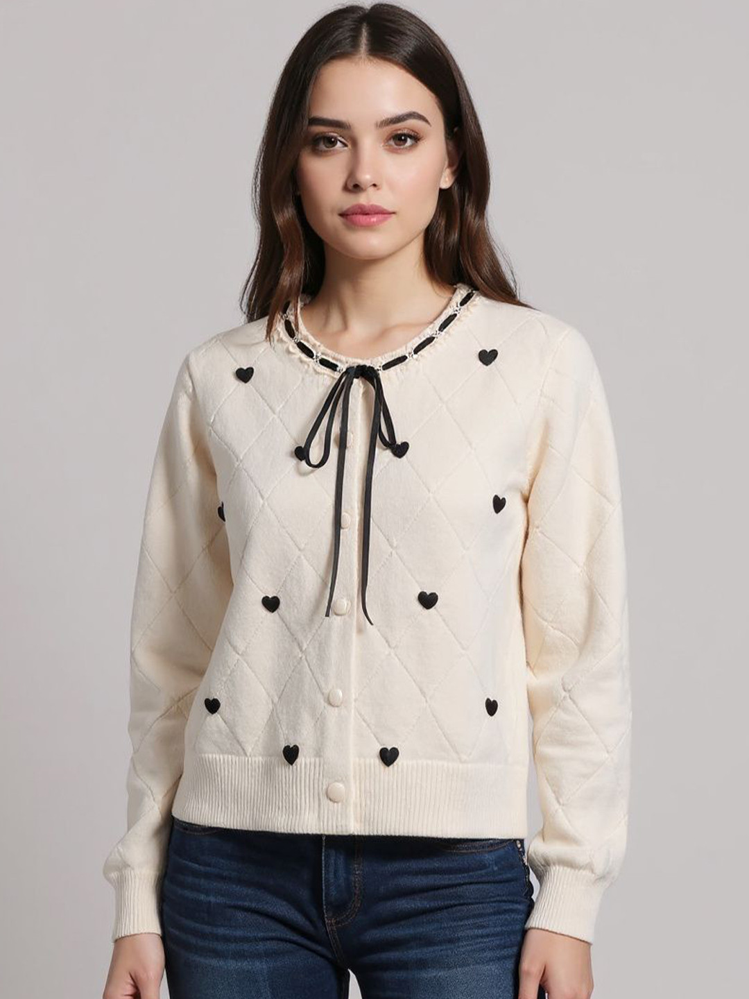 bebe Women Geometric Self Design Round Neck Applique Sweaters