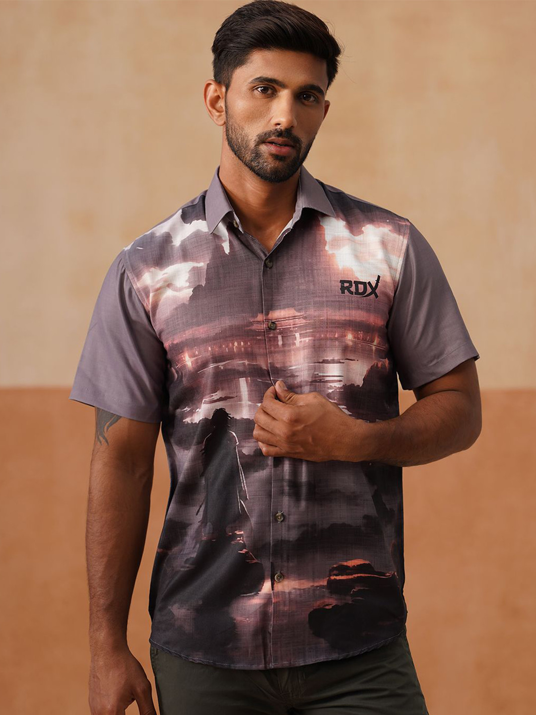 Indian Needle Men Classic Fit Graphic Printed Spread Collar Casual Shirt