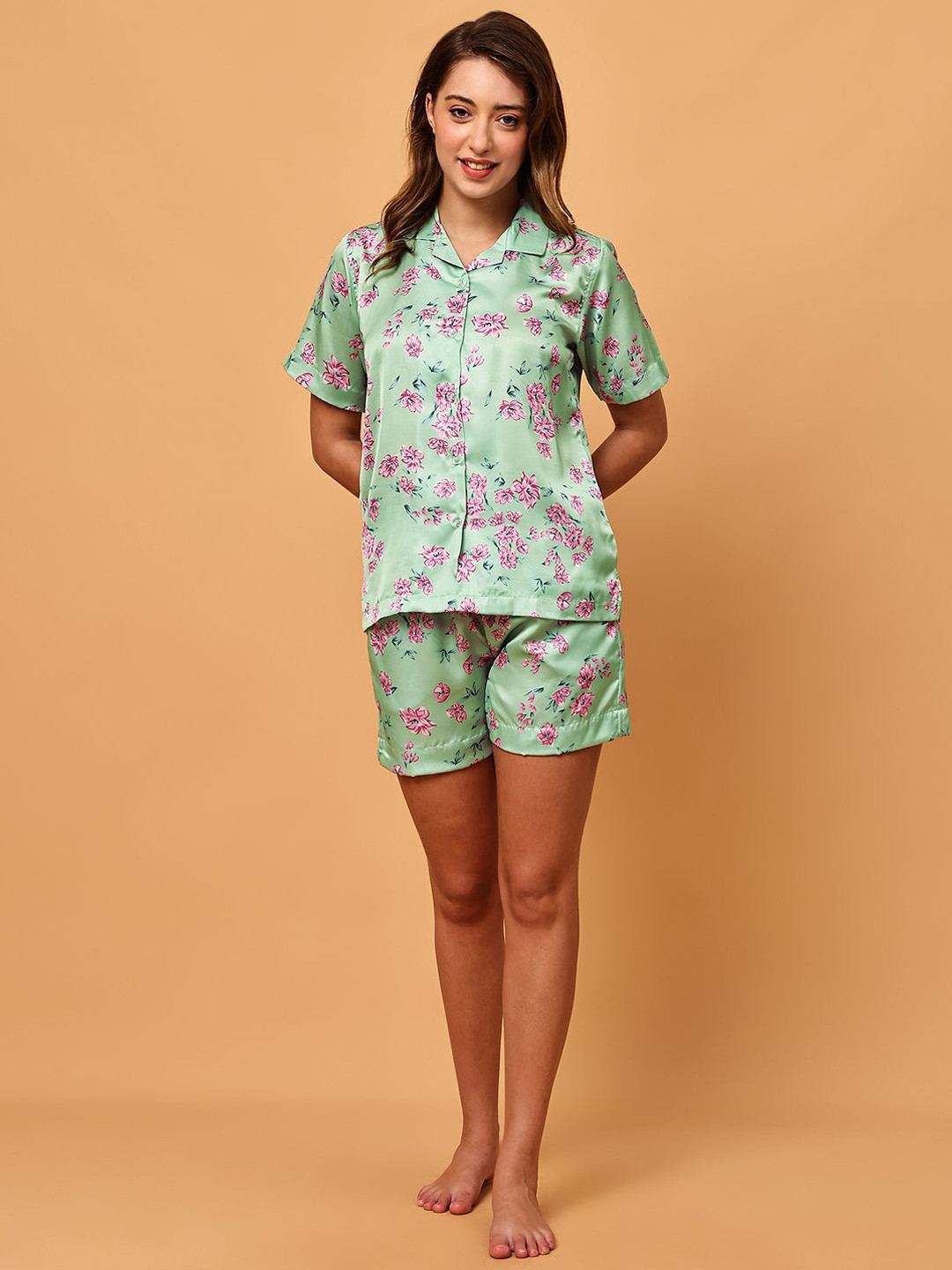 Blissence Floral Printed Lapel Collar Shirt & Short Satin Night Suit