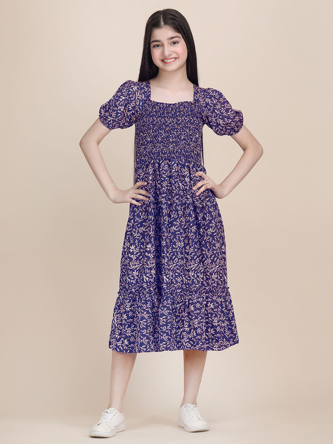 Pinly Girls Ethnic Motifs Print Puff Sleeve Crepe Fit & Flare Midi Dress