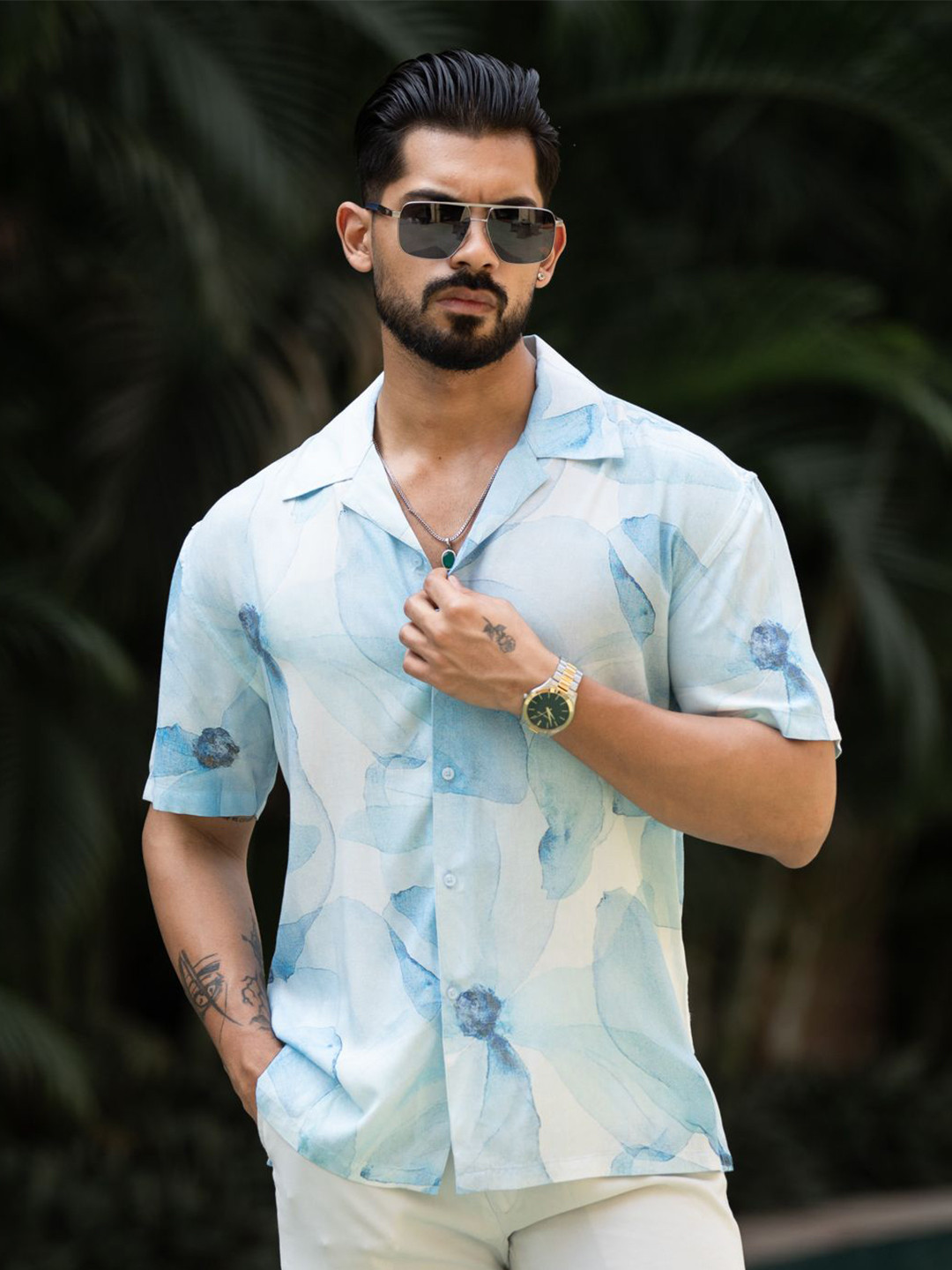 Urban Scissors Men Comfort Fit Floral Printed Cuban Collar Casual Shirt