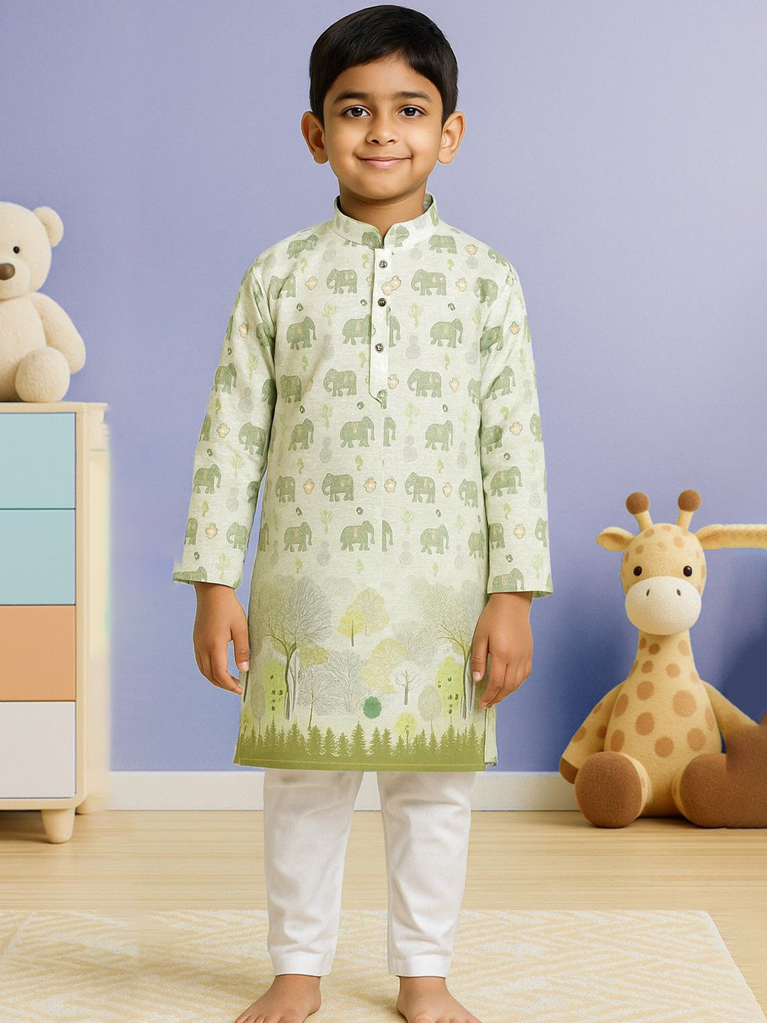 TAKE STYLE Boys Animal Printed Sequinned Cotton Kurta & Pyjama Set