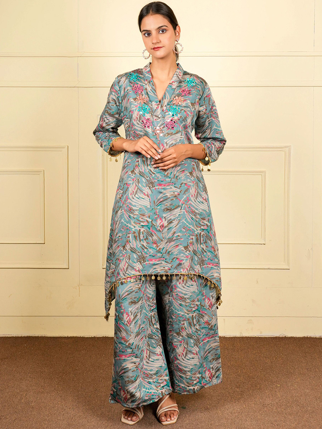FashionTownie Printed Mirror Work Tunic & Trousers