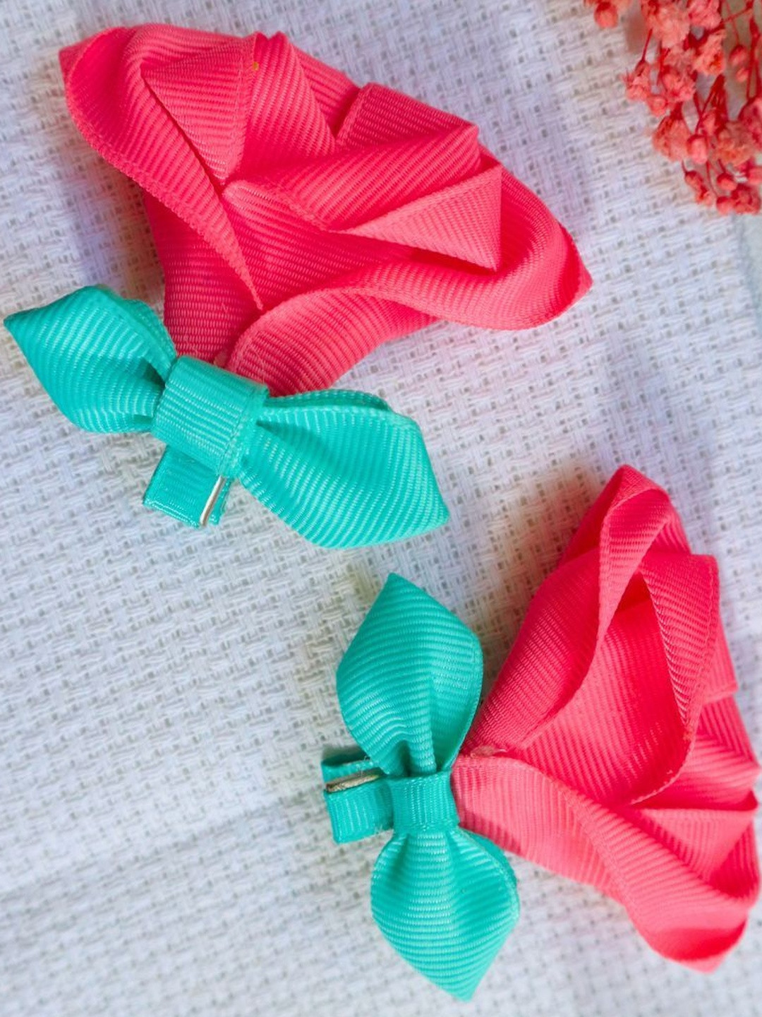 Kamule Girls Pink & Sea Green Satin Petal Hair Clips