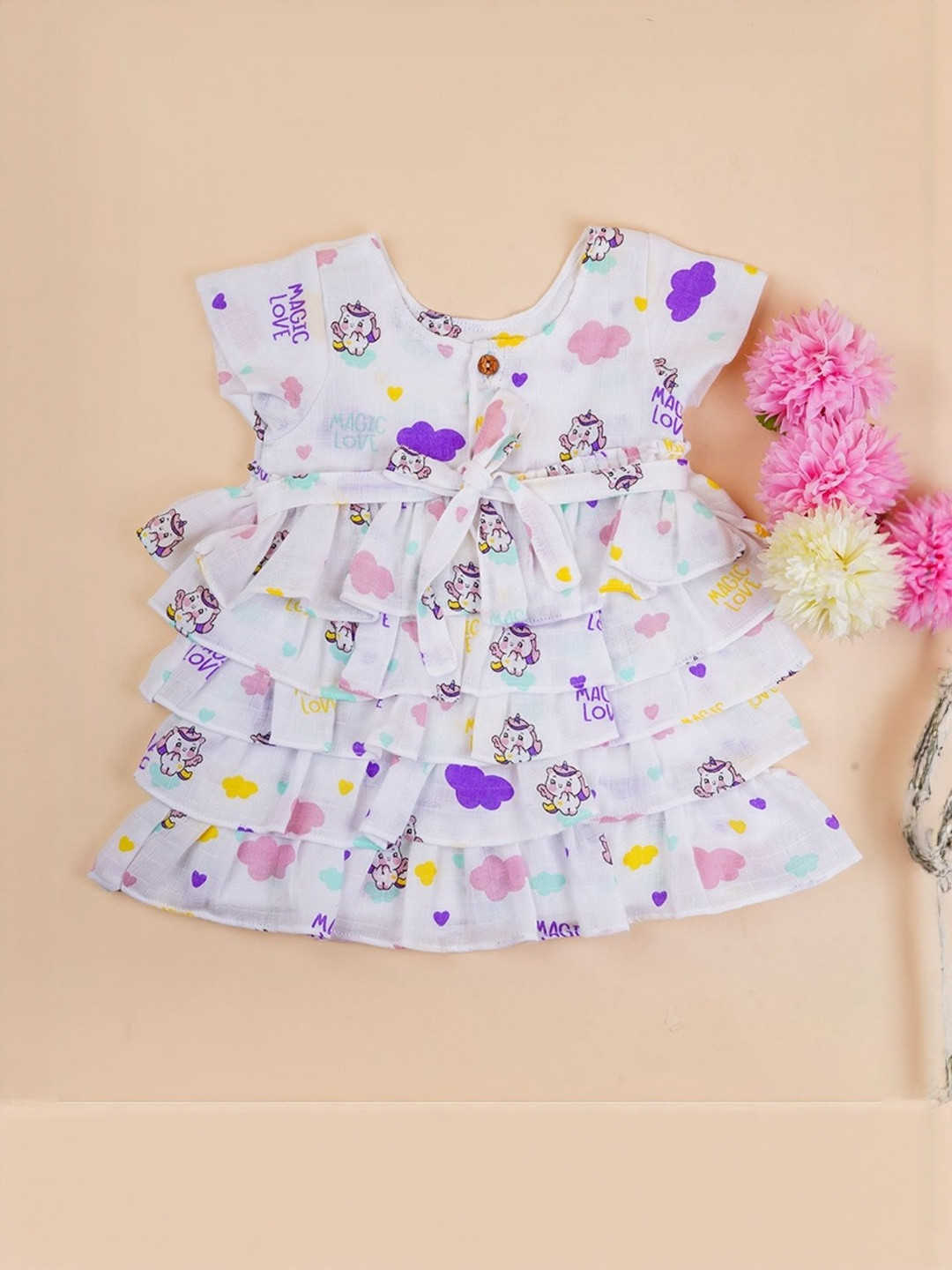 OYZO-LOYAL TO JOY Girls White Round Neck Short Sleeves Cotton Magic Layers Frock