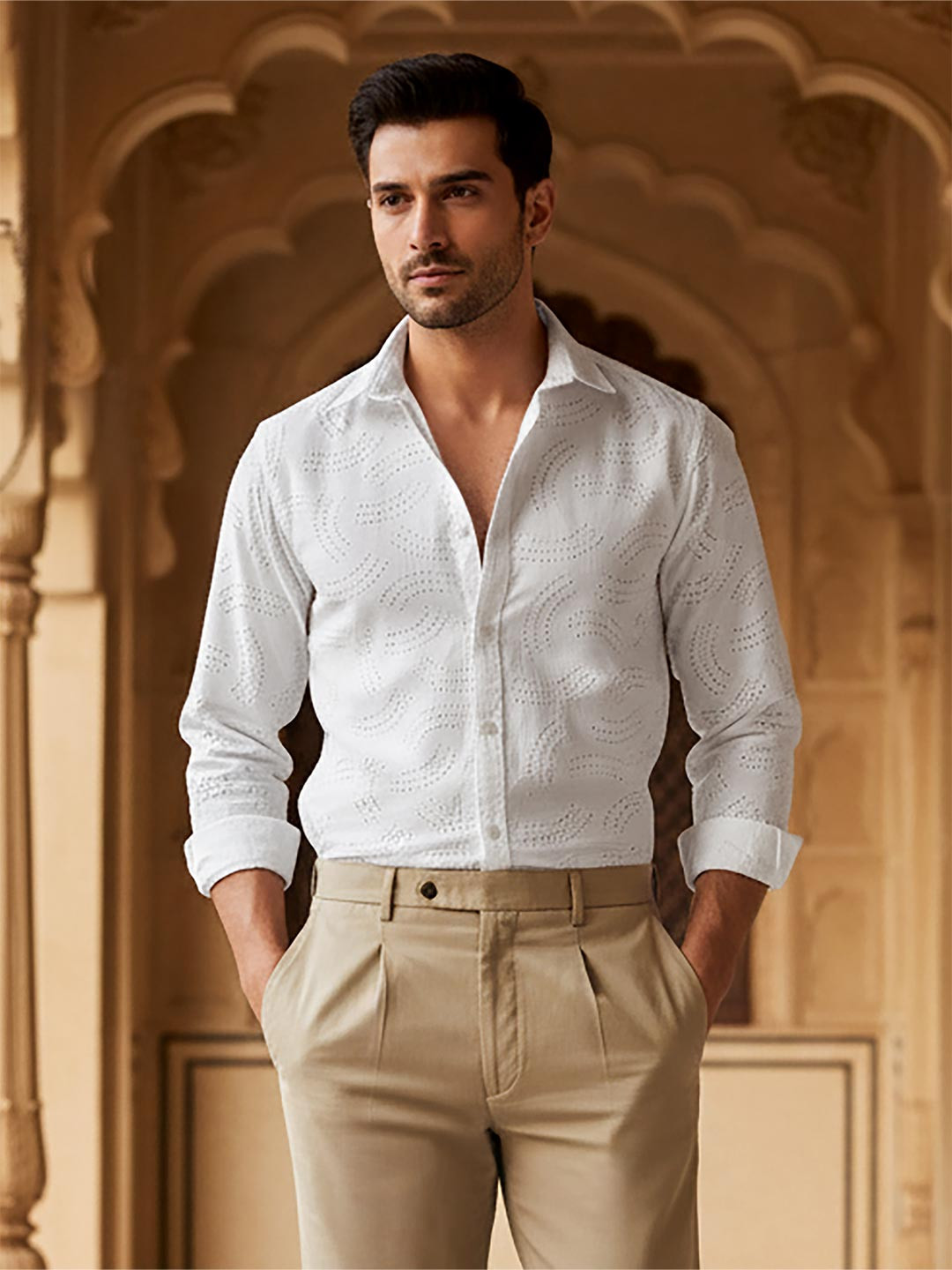 Beyoung Men Classic Relaxed Fit Laser Cut Spread Collar Casual Shirt