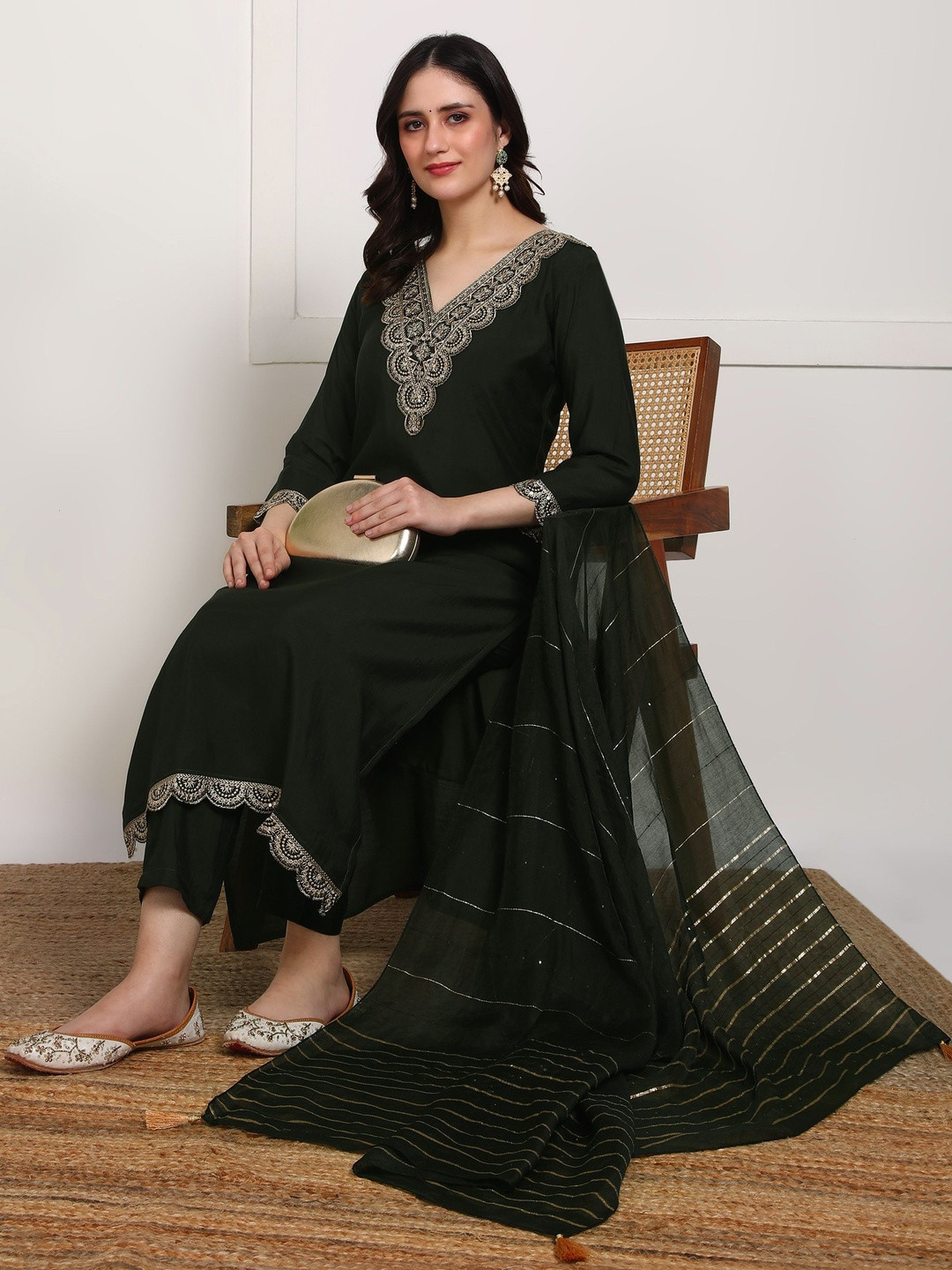 Moda Rapido Solid Yoke Design Thread Work Kurta With Trousers & Dupatta