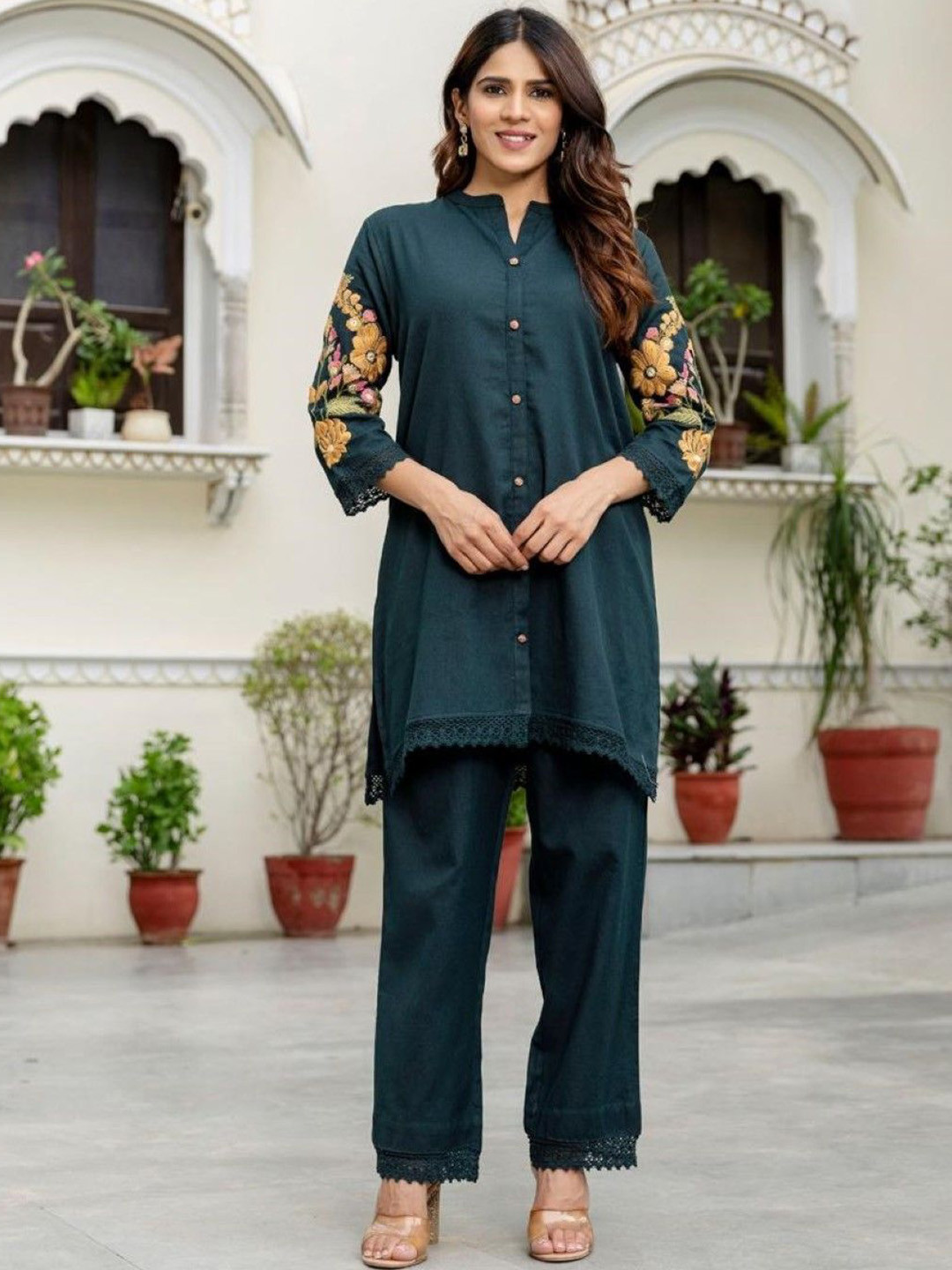 AUTUMN LANE Omra Azure Embroidery Cotton Tunic With Trousers Co-Ords