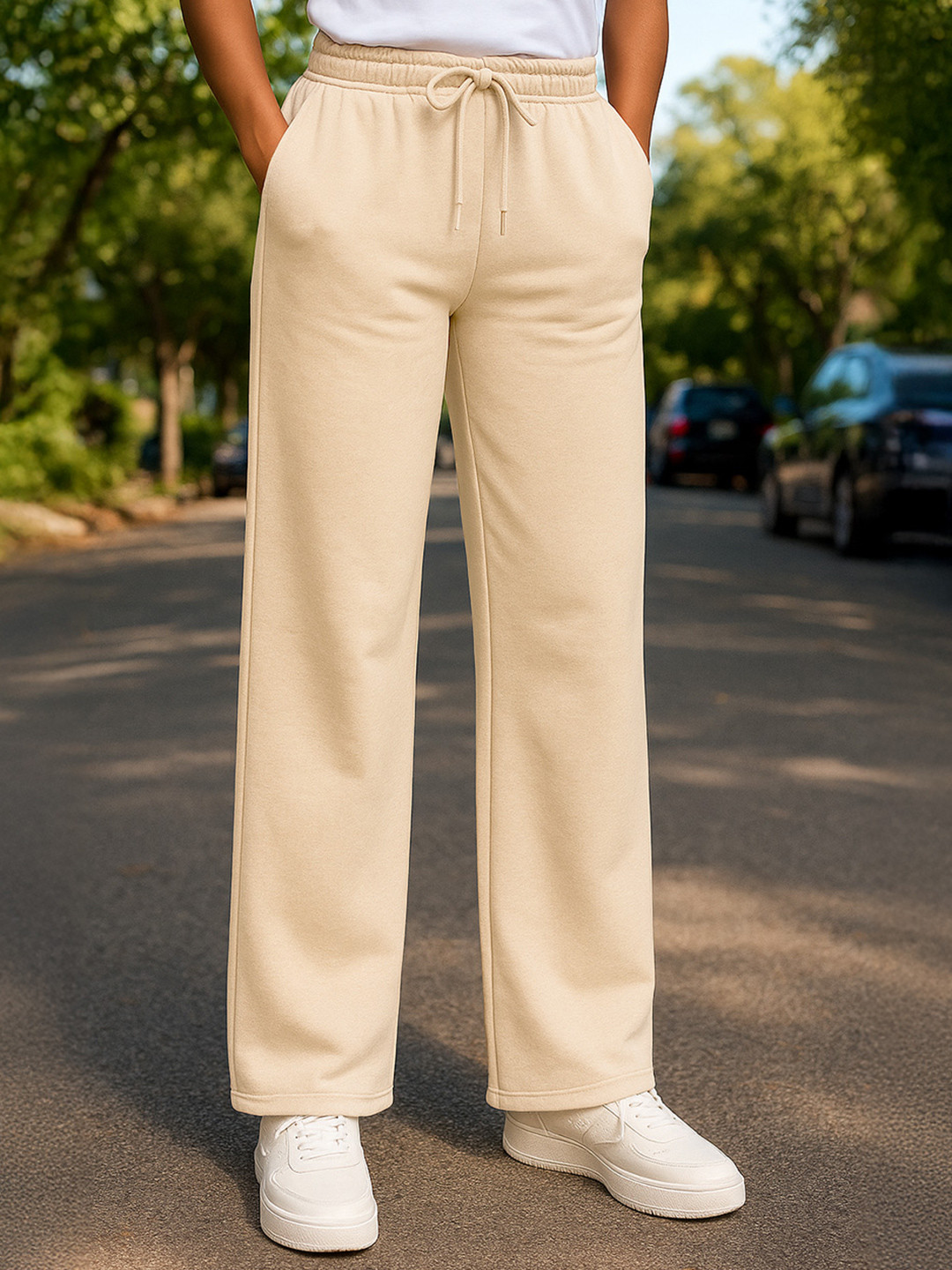 JUNEBERRY Women Beige Solid Wide Leg Mid Rise Flared Fit Pure Cotton Track Pant