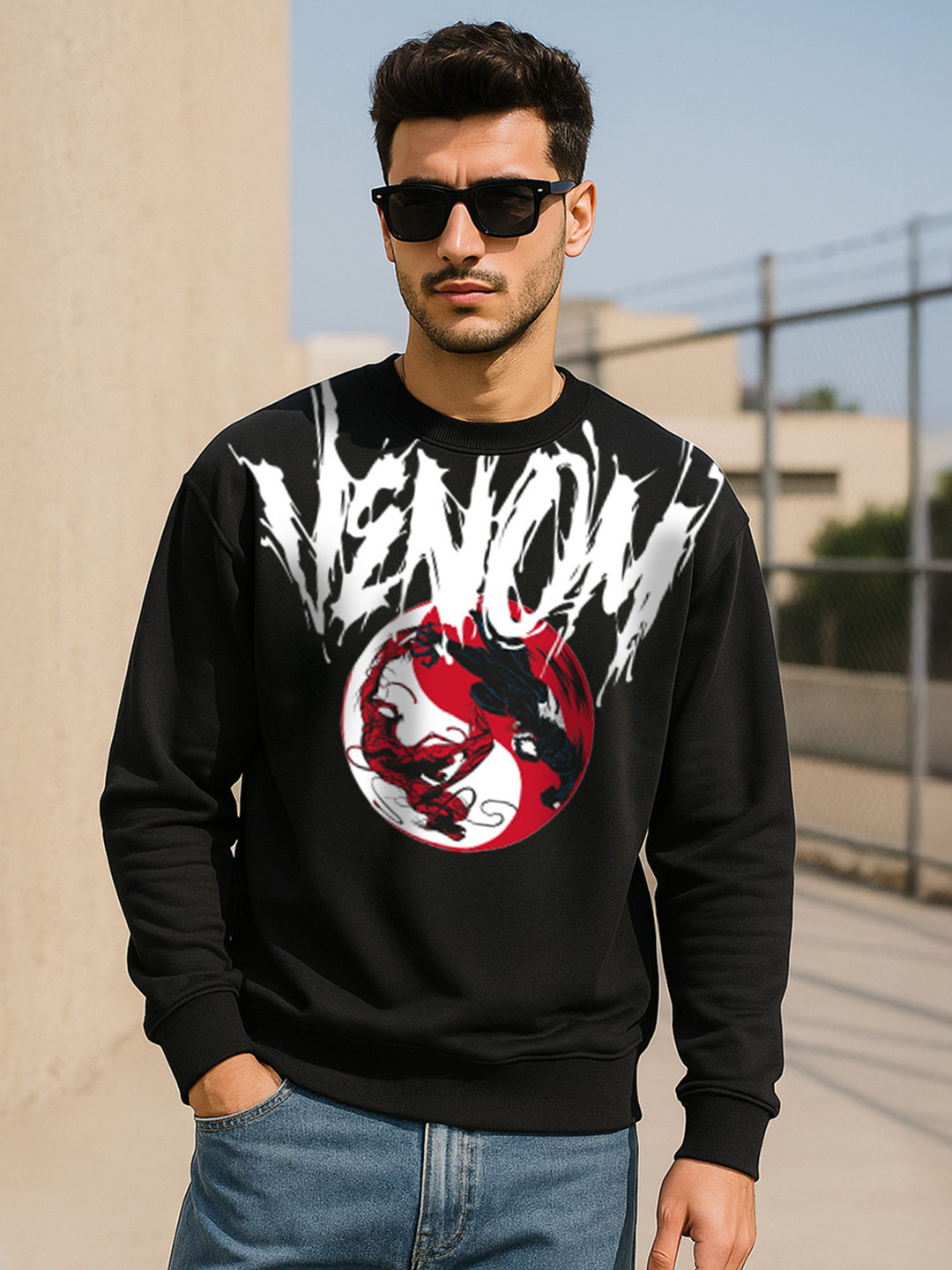 VEIRDO Marvel Venom Men Black Round Neck Cotton Fleece Regular Fit Pullover Sweatshirt