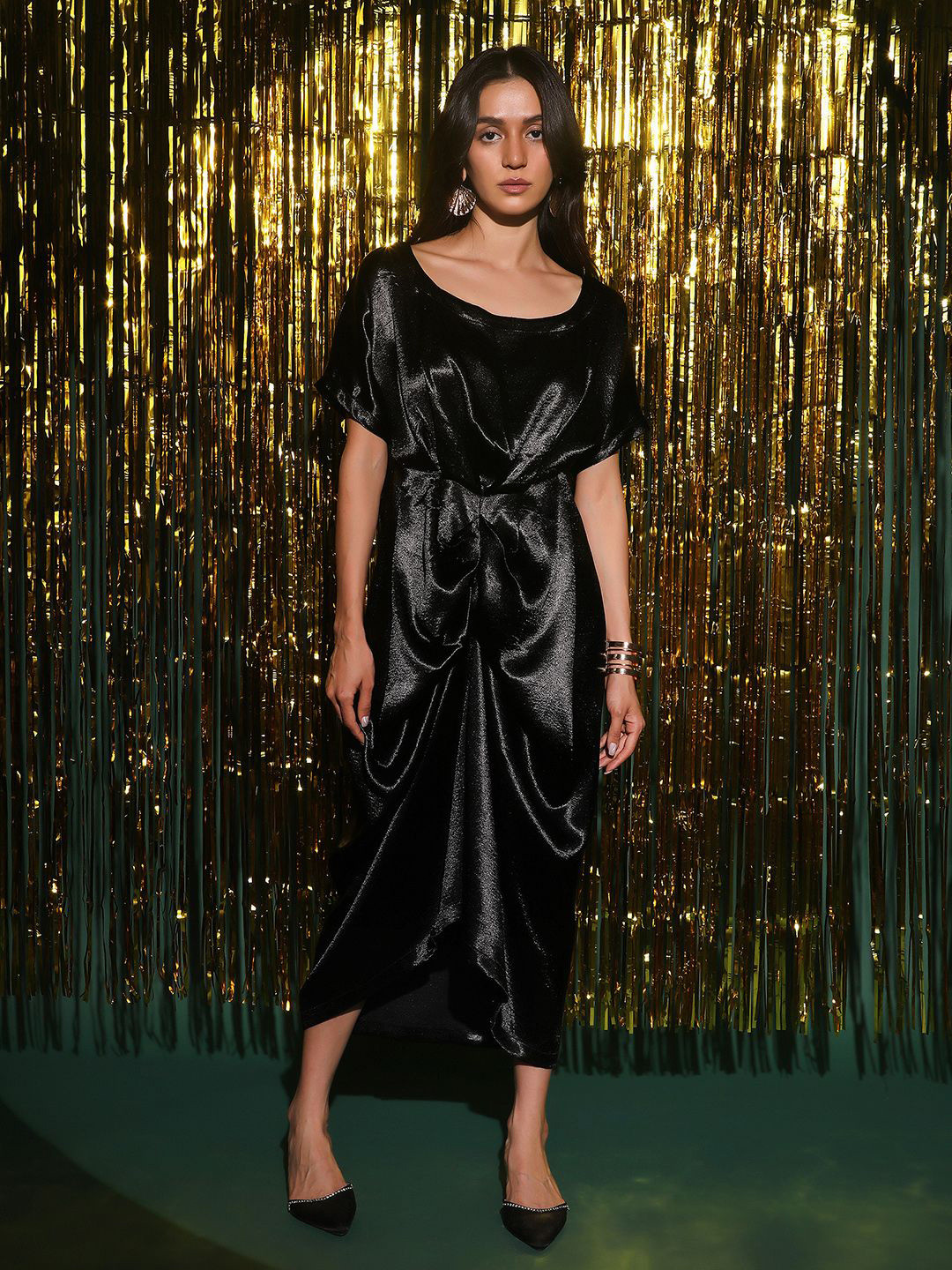 PINACOLADA Women's Solid Shimmer Ruched Dress