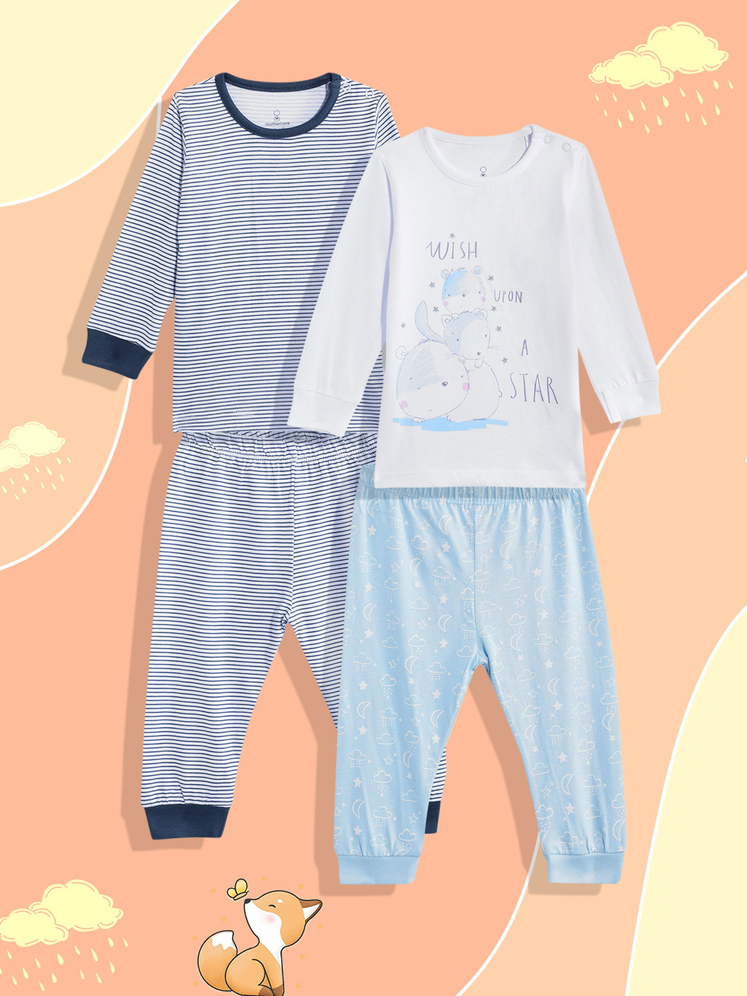 mothercare Boys Pack of 2 Striped & Printed Pure Cotton Night Suits - GG25048