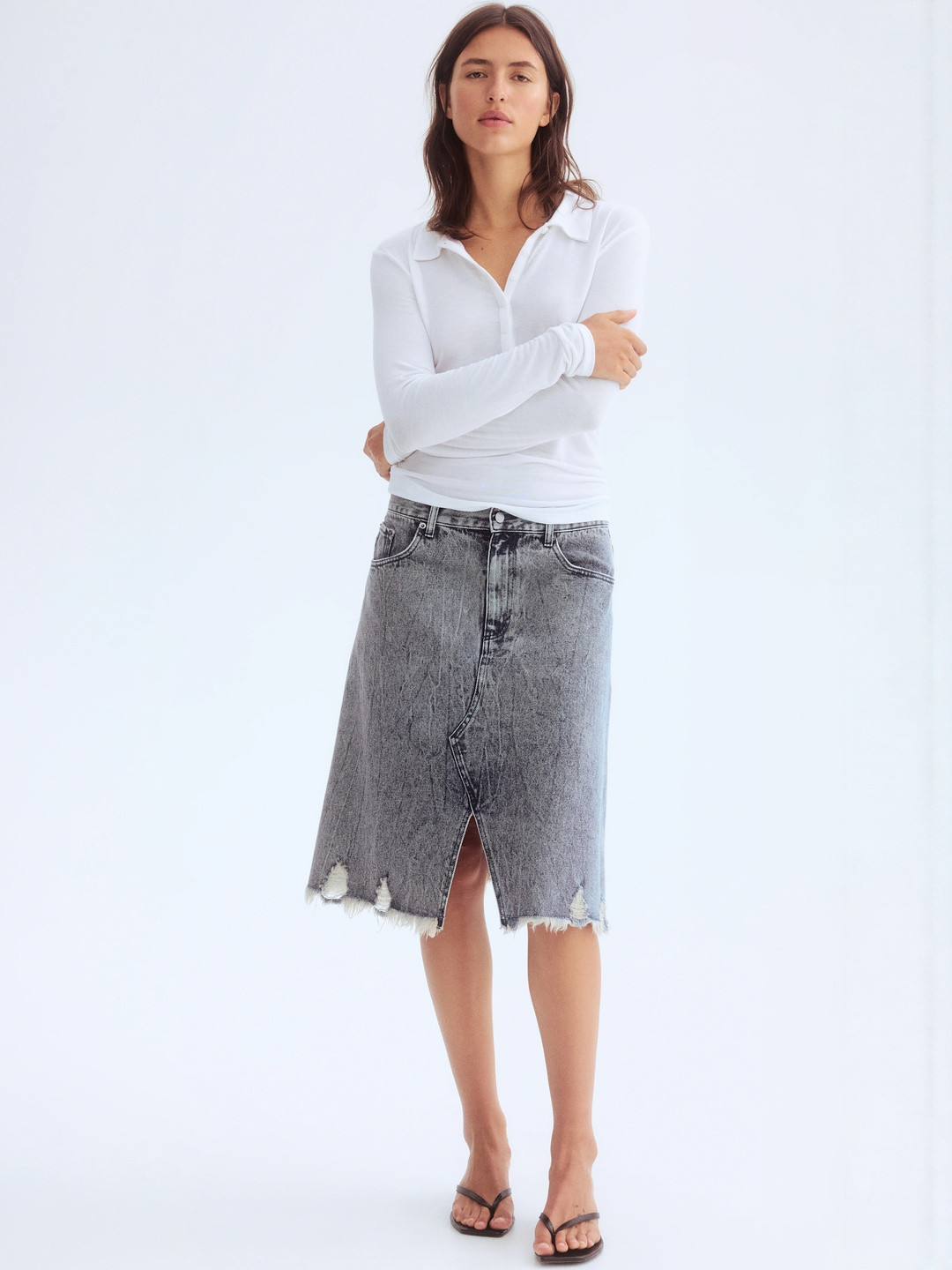 H&M Pure Cotton Trashed-Detail Denim Skirt