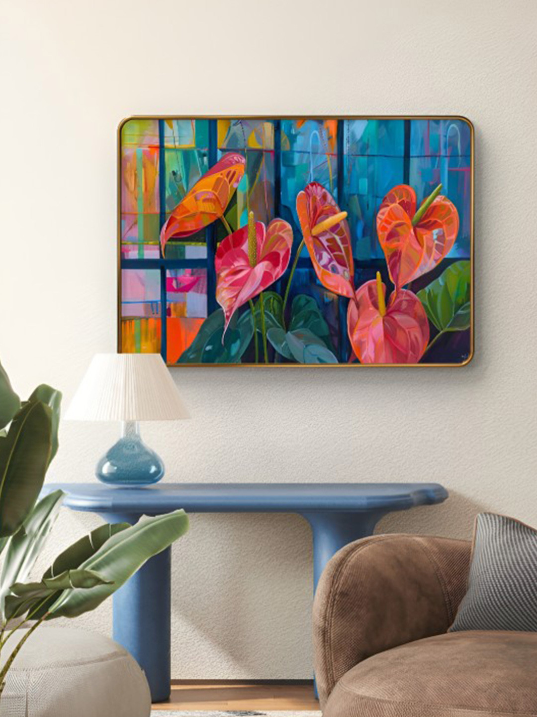 SAF Blue & Red Beautiful flower Sparkle Lamination Finished Wood Wall Painting